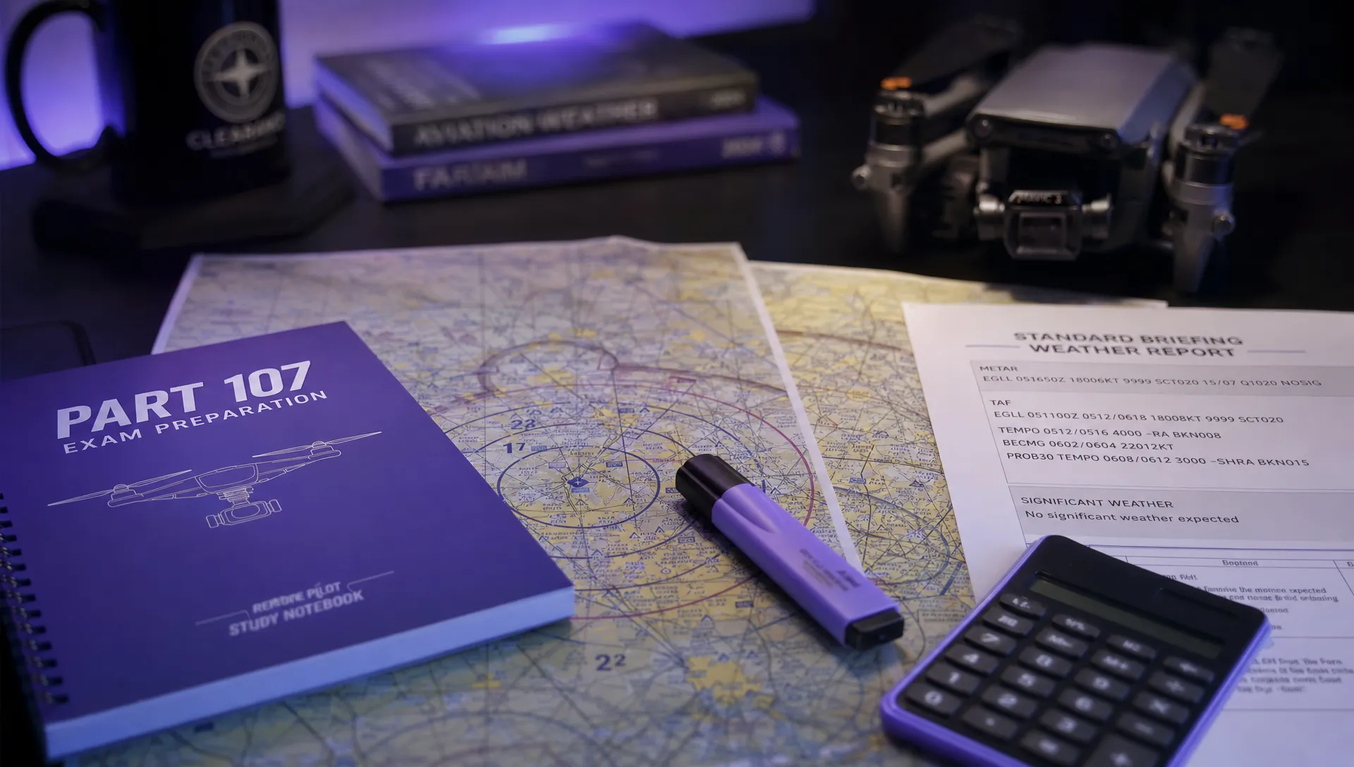 A close-up study desk with an FAA sectional chart, notebook, calculator, highlighter, small drone and printed weather report laid out for Part 107 exam preparation.