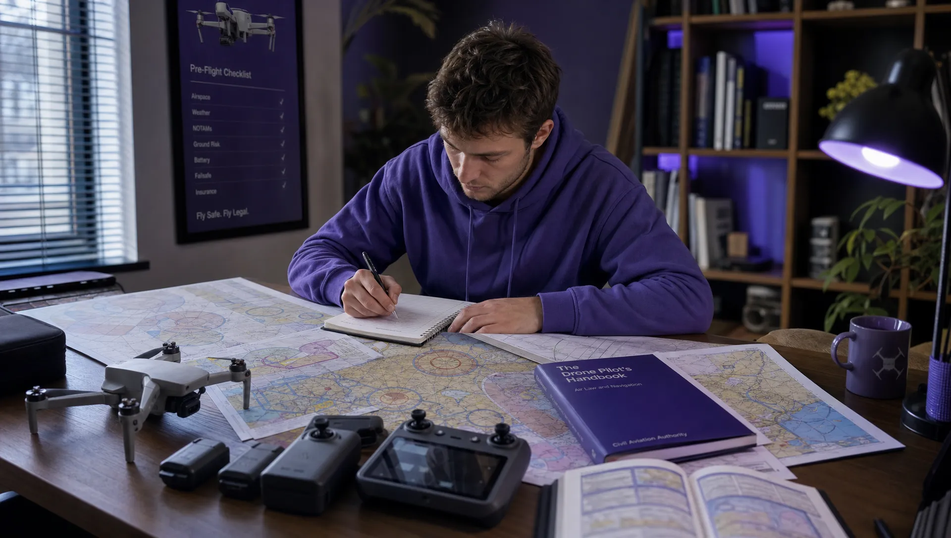A drone pilot preparing for an exam with printed airspace charts, a notebook, a controller, batteries and a small drone laid out on a tidy desk in a quiet study room.