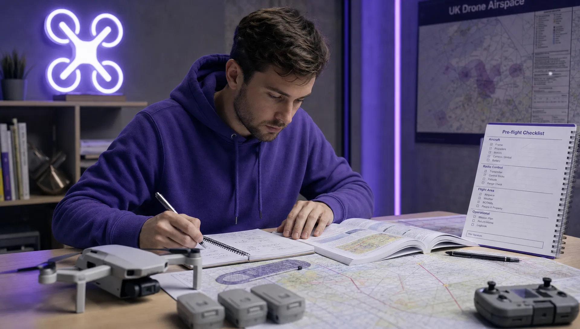 A drone pilot prepares for a licence test at a desk with aviation notes, a small drone, batteries, printed airspace maps and a pre-flight checklist laid out neatly.