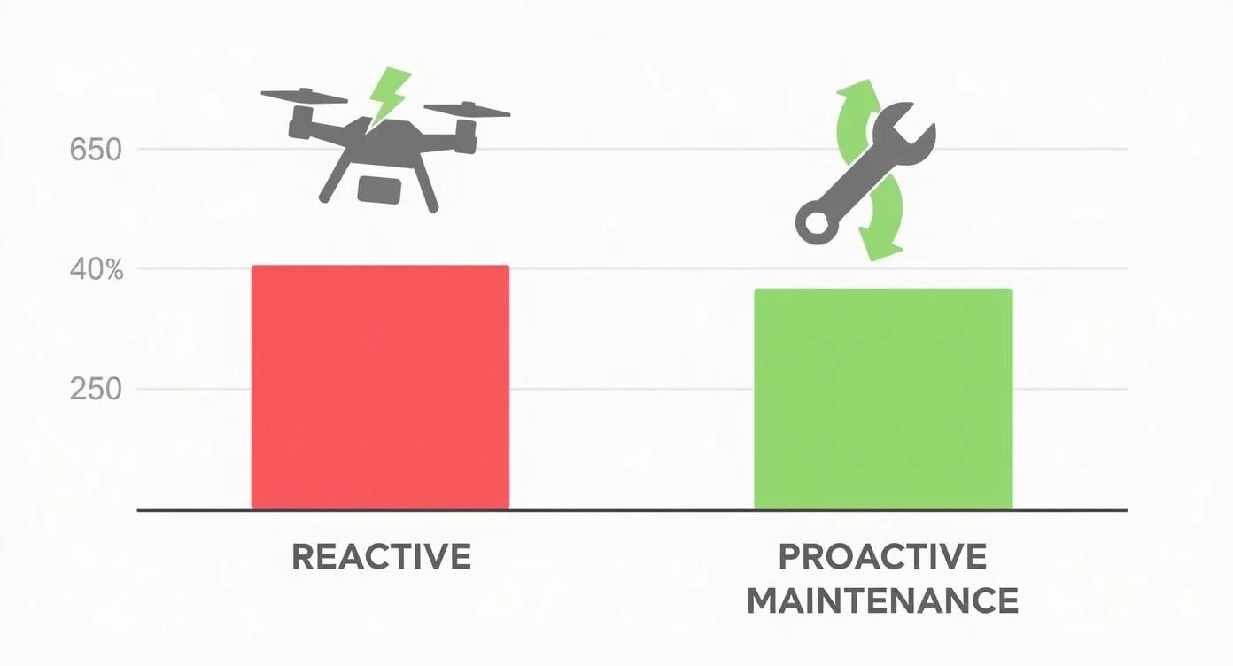 Infographic comparing the higher costs of reactive maintenance against the savings from proactive maintenance for drone operations.