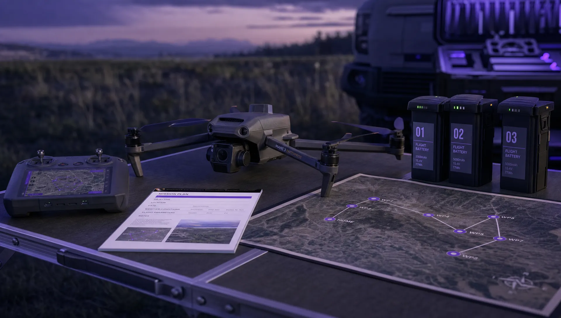 A DJI drone on a field table beside labelled flight batteries, a controller, a printed mission plan and a map with an annotated flight path, representing a professional post-flight log review.
