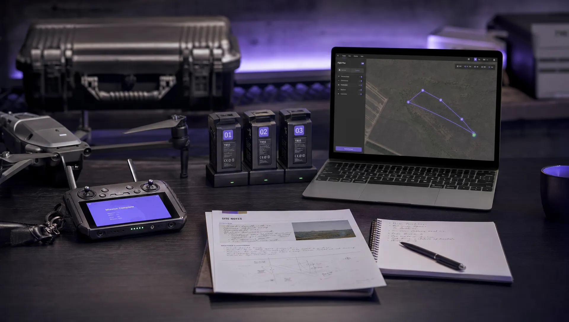 An operations desk after a drone mission, with a drone controller, labelled batteries, printed site notes and a laptop showing a simple flight path map on a correctly oriented screen.