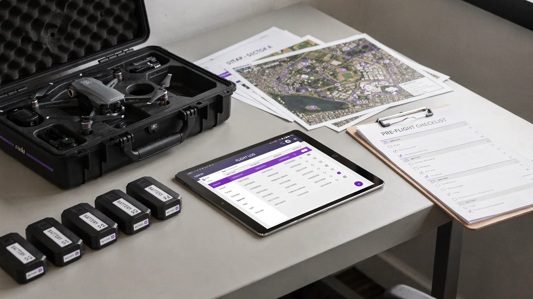 A professional drone operations desk with a tablet showing a flight log, a drone case, labelled batteries, site map printouts and a pre-flight checklist arranged neatly for an audit review.