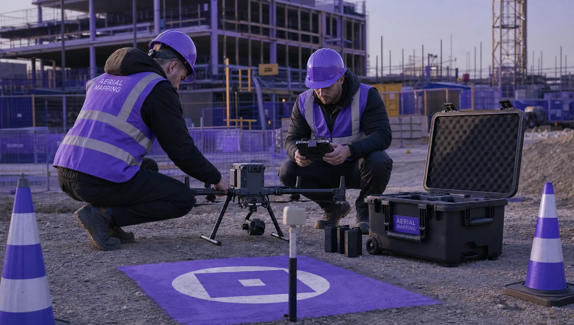 A drone mapping crew prepares survey equipment beside a marked ground control point on a construction site, with a drone case, batteries and safety cones ready for a planned flight.