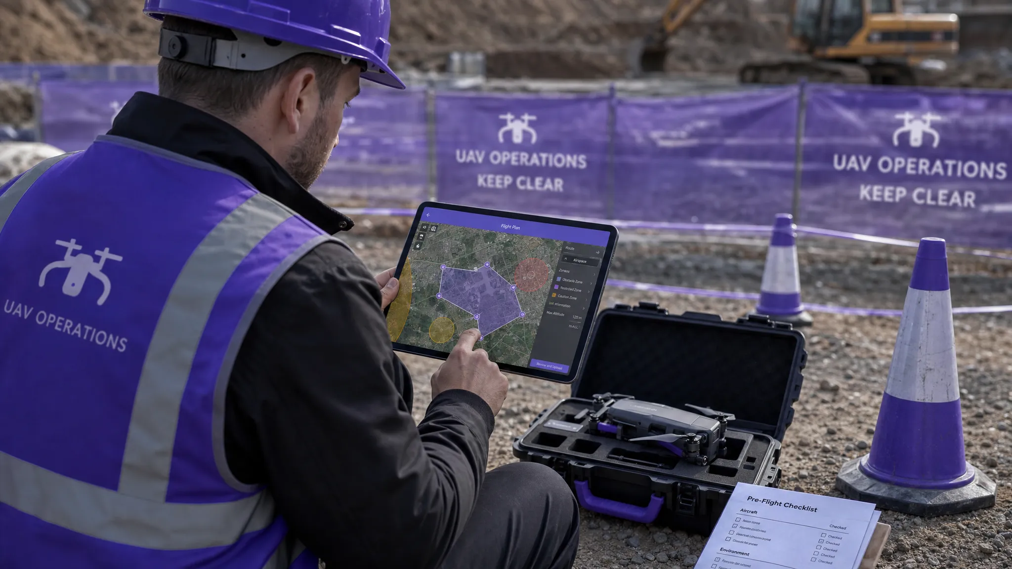 A drone operator planning a flight route on a tablet map beside a marked site boundary, with a drone case, cones and a printed checklist on the ground nearby. The map screen faces the operator and shows clear airspace zones and route markers.