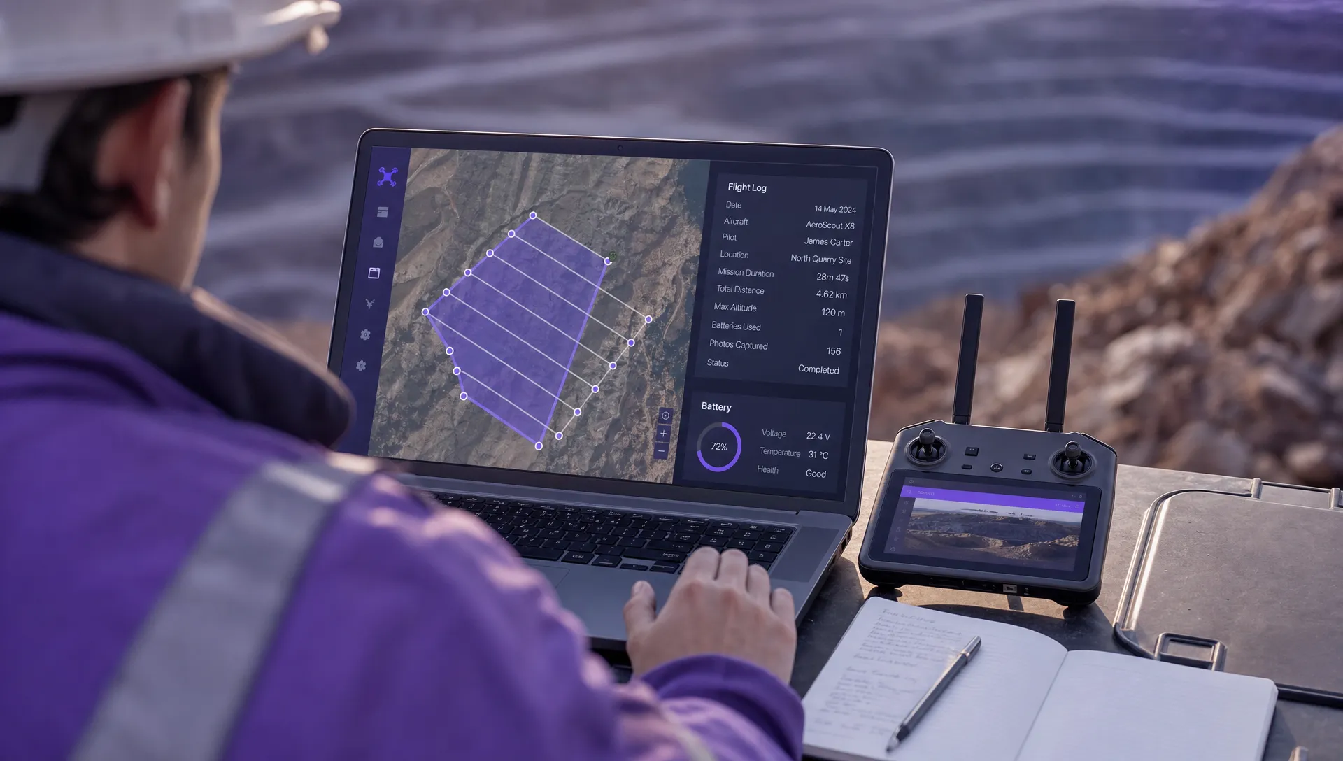 A drone operator reviews a flight path map and log summary on a laptop, with a controller and notebook beside it.
