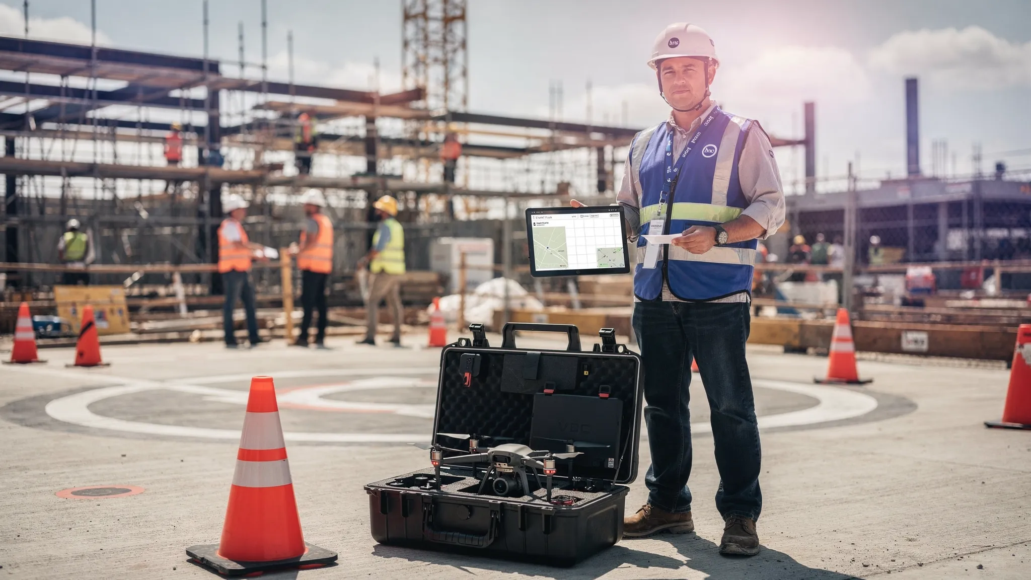 A professional drone service provider standing beside a take-off area on a construction site, with safety cones, a drone case, a tablet, and workers in high-visibility clothing in the background.