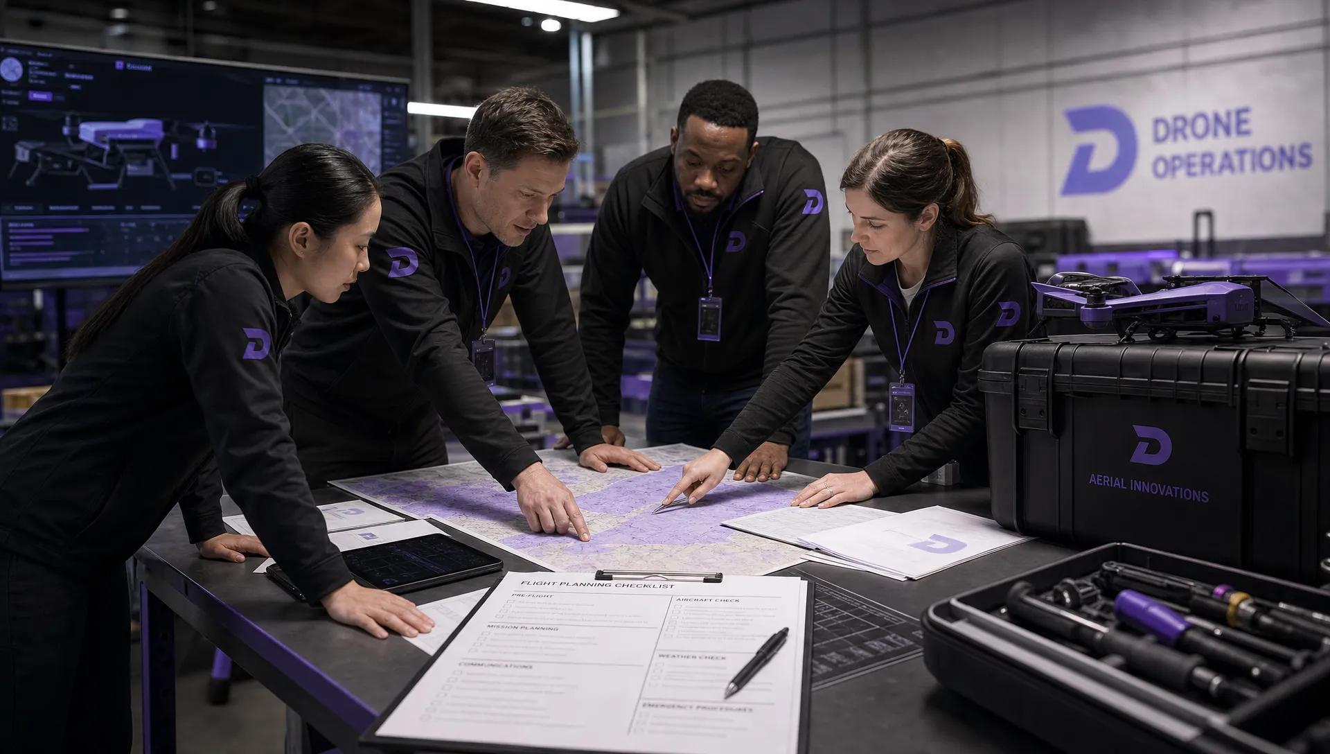 A multinational drone operations team reviewing printed maps, aircraft documents and a flight planning checklist on a meeting table, with a drone case and inspection equipment nearby.