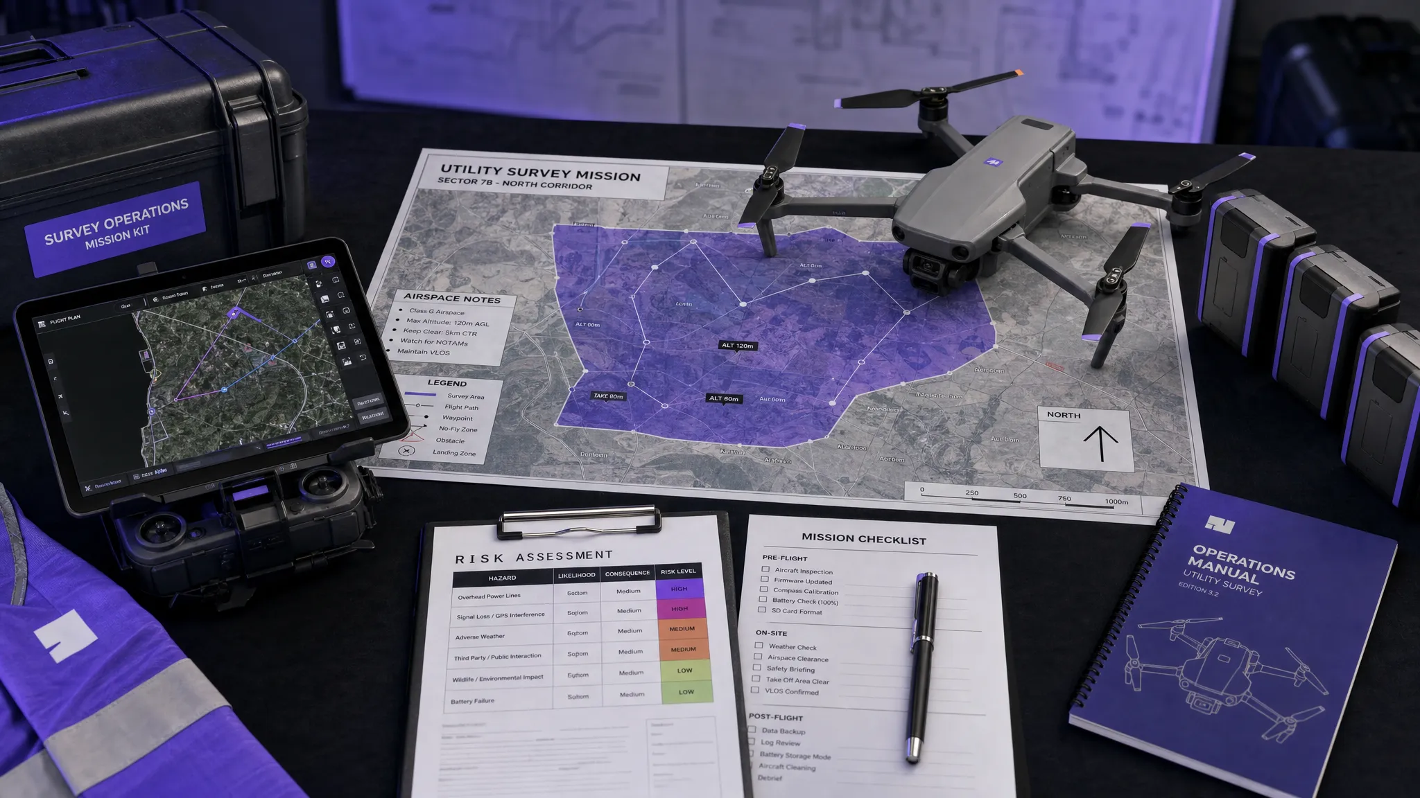 A drone operations planning table with printed maps, marked flight boundaries, airspace notes, risk assessment paperwork, batteries and a compact inspection drone laid out for a complex utility survey mission.