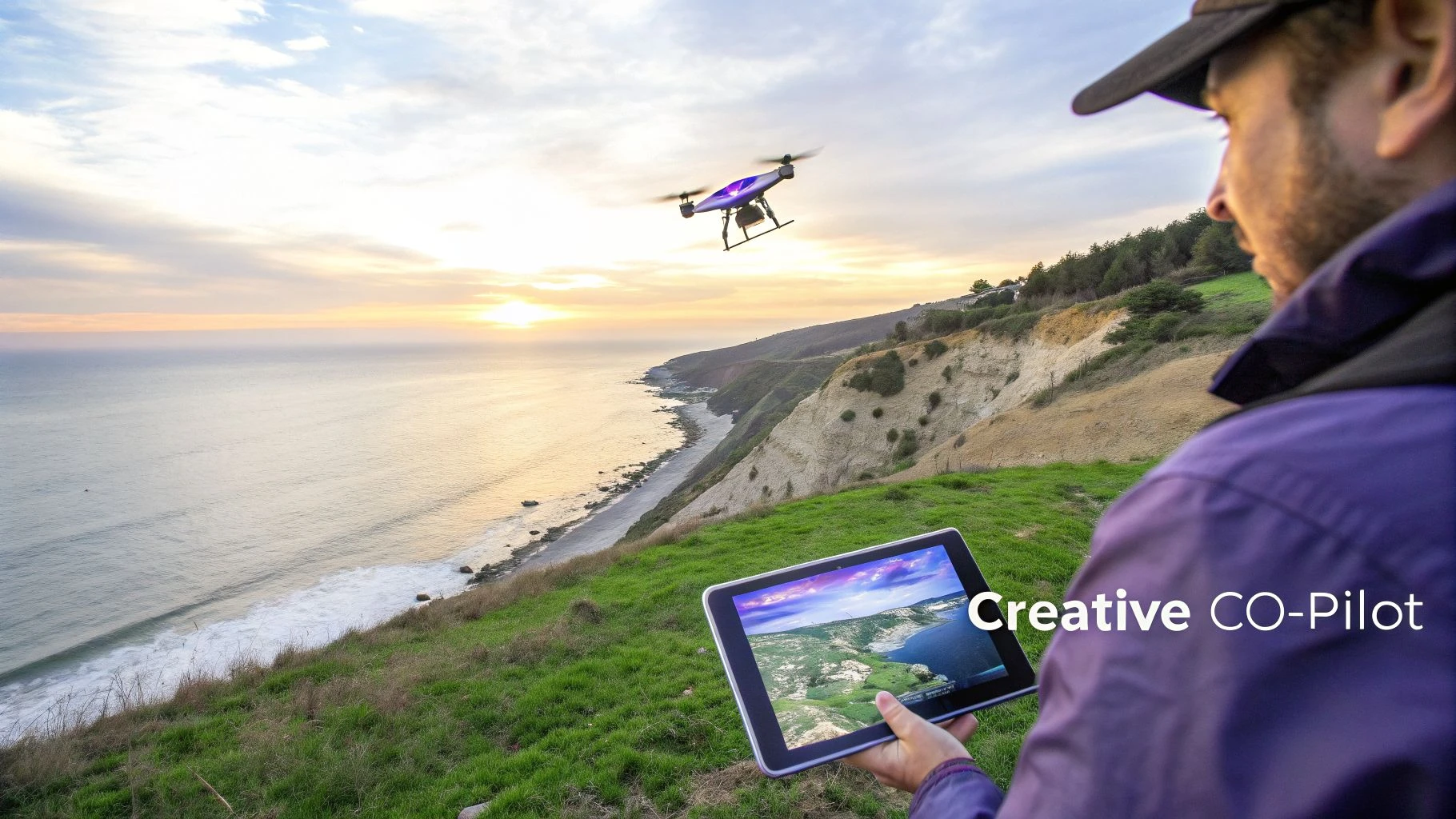 A person controls a drone with a tablet overlooking a coastal sunset landscape, with text 'Creative CO-Pilot'.