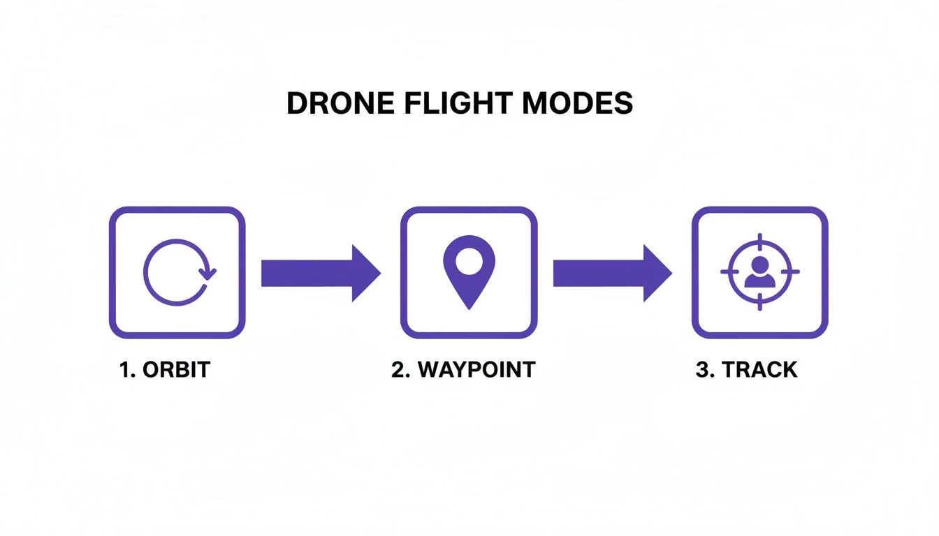 Visual diagram illustrating three drone flight modes: Orbit, Waypoint, and Track, with their unique icons.