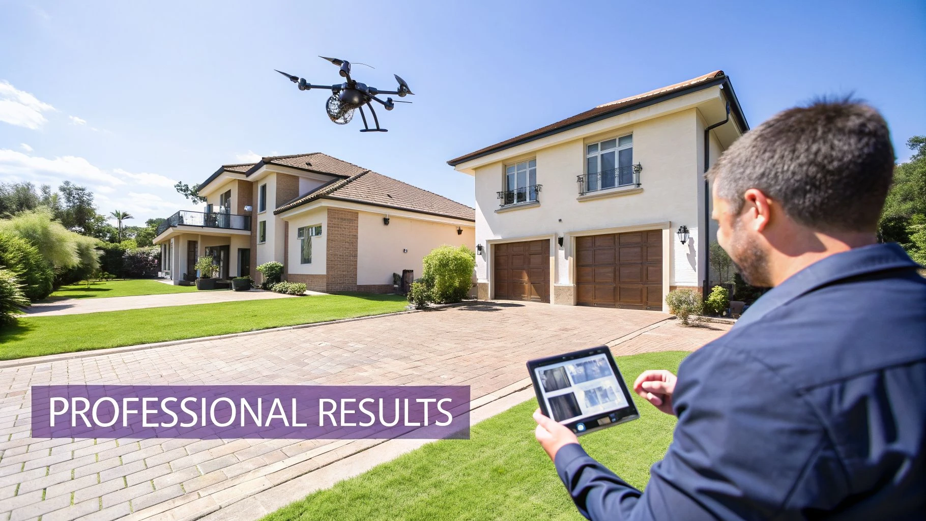A person controls a drone with a tablet, capturing aerial views of two modern houses.