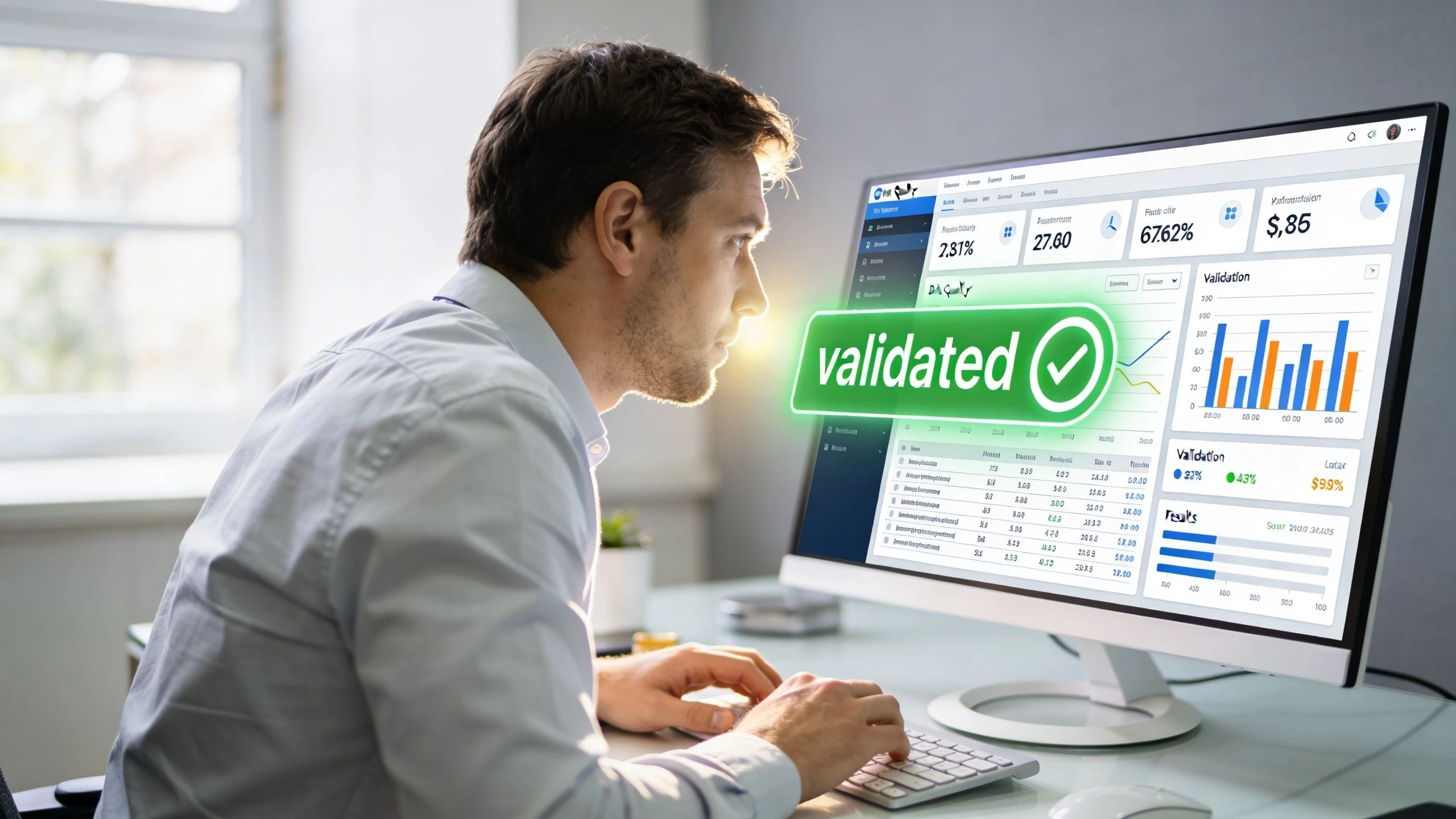 A professional analyzing data on a computer screen displaying a validated confirmation message and analytical charts.
