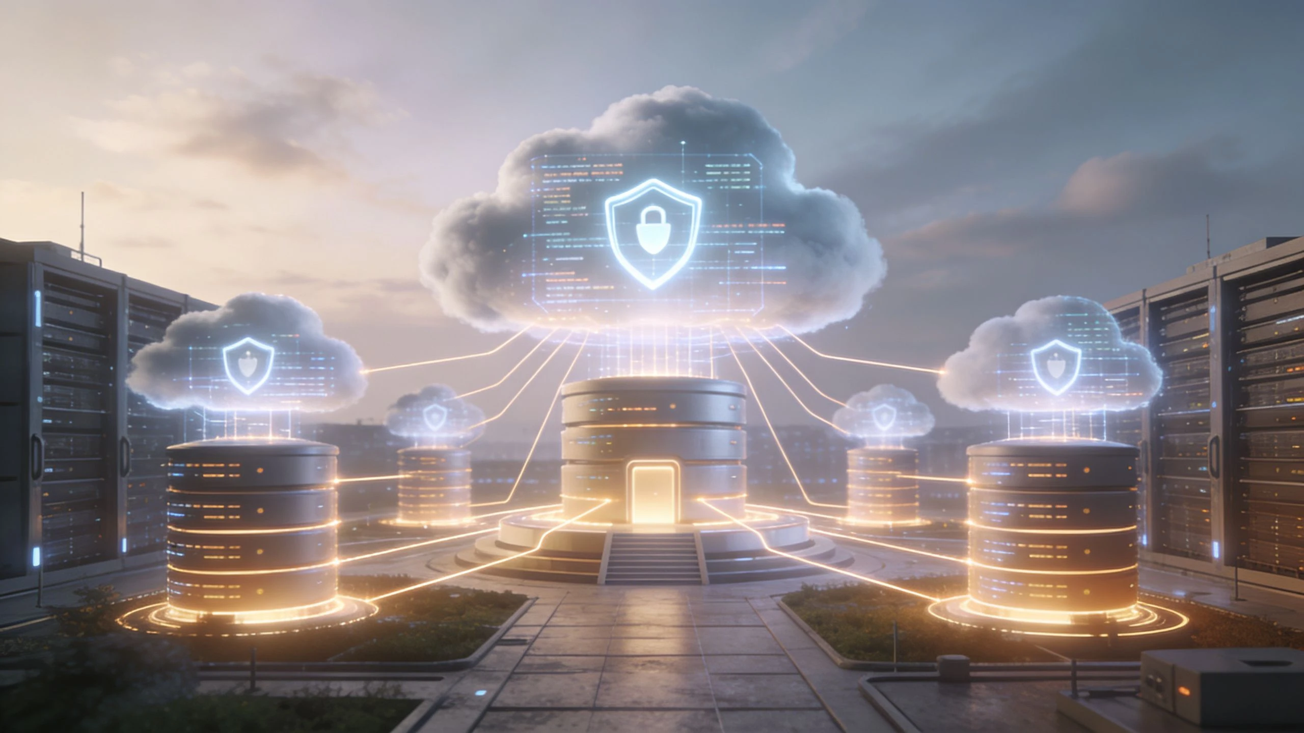 A digital illustration of a secure cloud data center featuring glowing server towers connected to clouds.