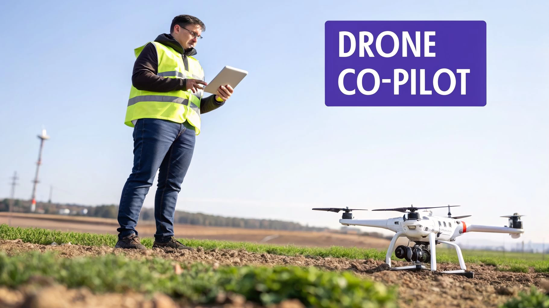 A man in a high-visibility vest operates a drone via a tablet in a field, with a 'DRONE CO-PILOT' sign.