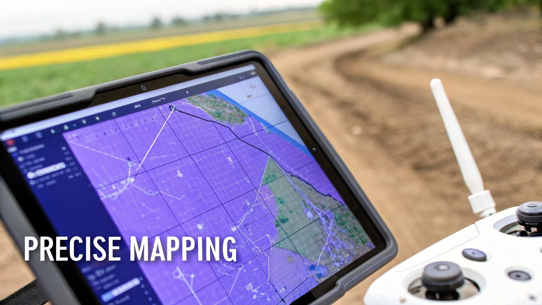 A tablet displays drone mapping software for precise agricultural field analysis, with a remote controller nearby.