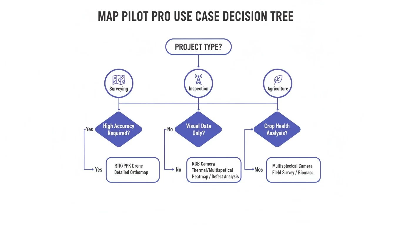 Map Pilot Pro use case decision tree outlining steps for surveying, inspection, and agriculture applications.