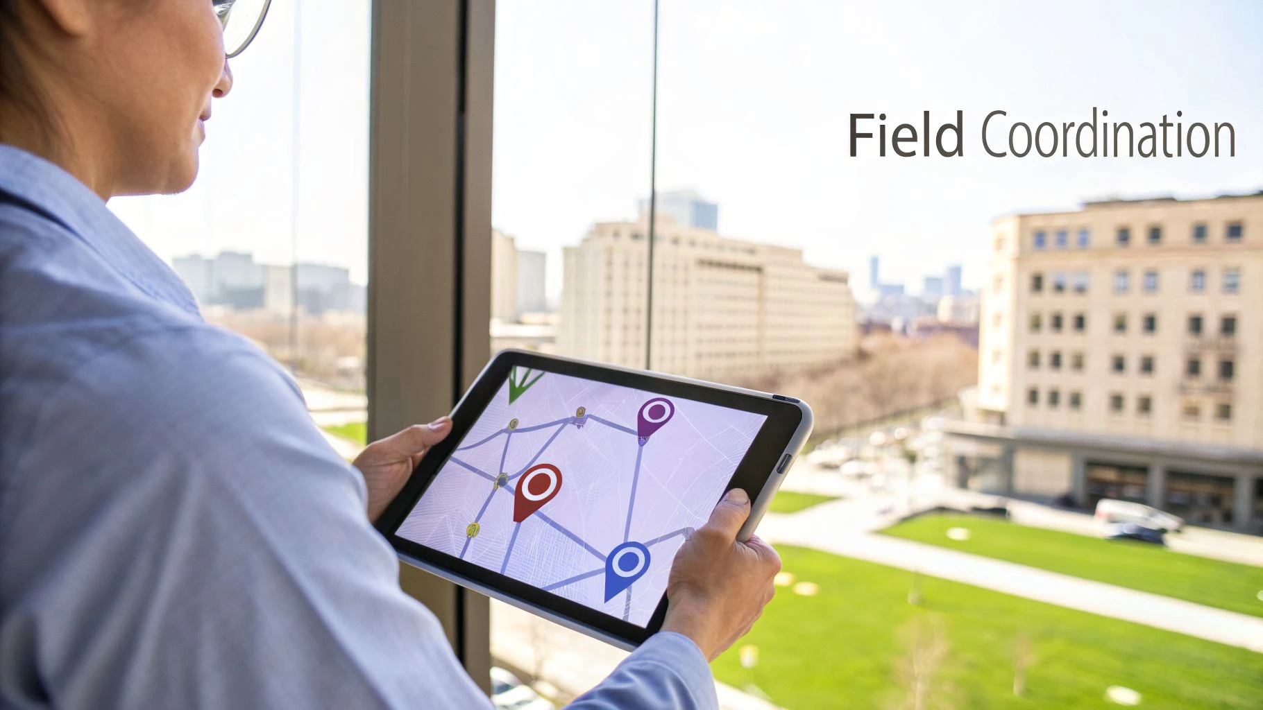 Person holding a tablet displaying a map with location pins, overseeing field coordination with a city view.