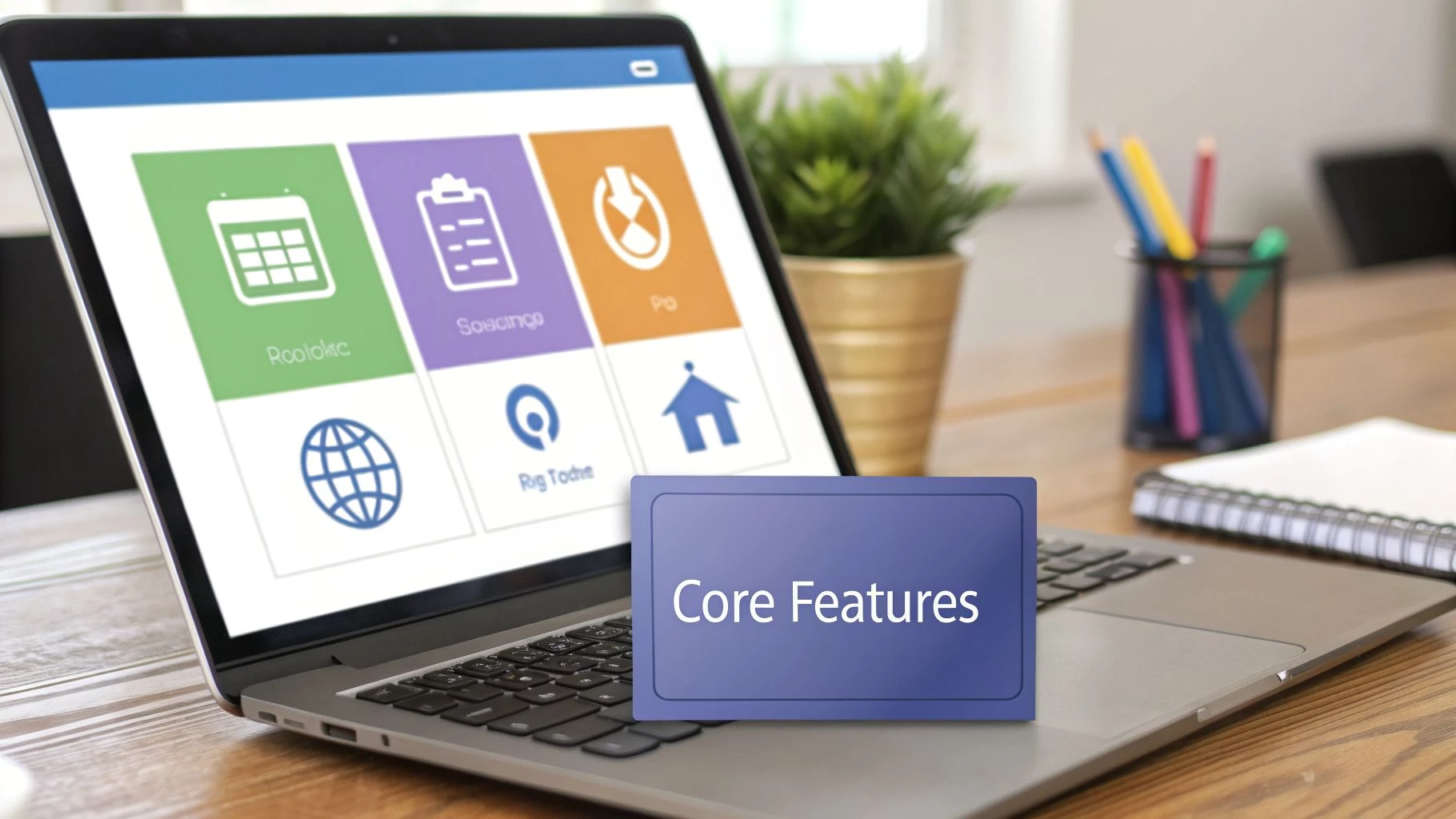 A laptop on a wooden desk displaying an app interface with feature icons, and a 'Core Features' overlay.