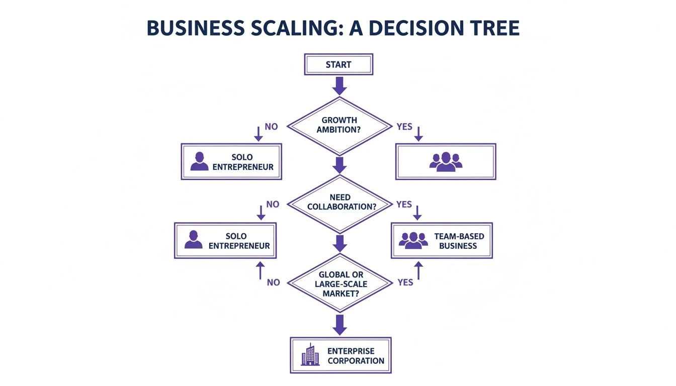 A decision tree flowchart illustrating business scaling paths from solo to enterprise corporation.