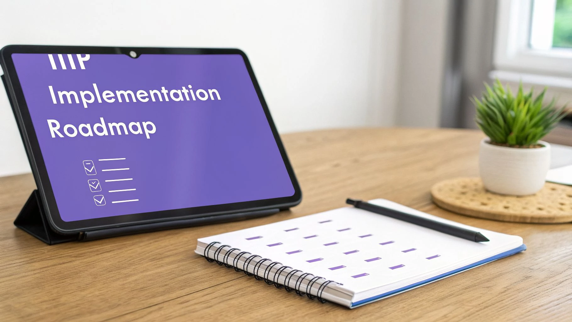 A tablet displaying 'Implementation Roadmap' with a checklist, next to a notebook and pen on a wooden desk.