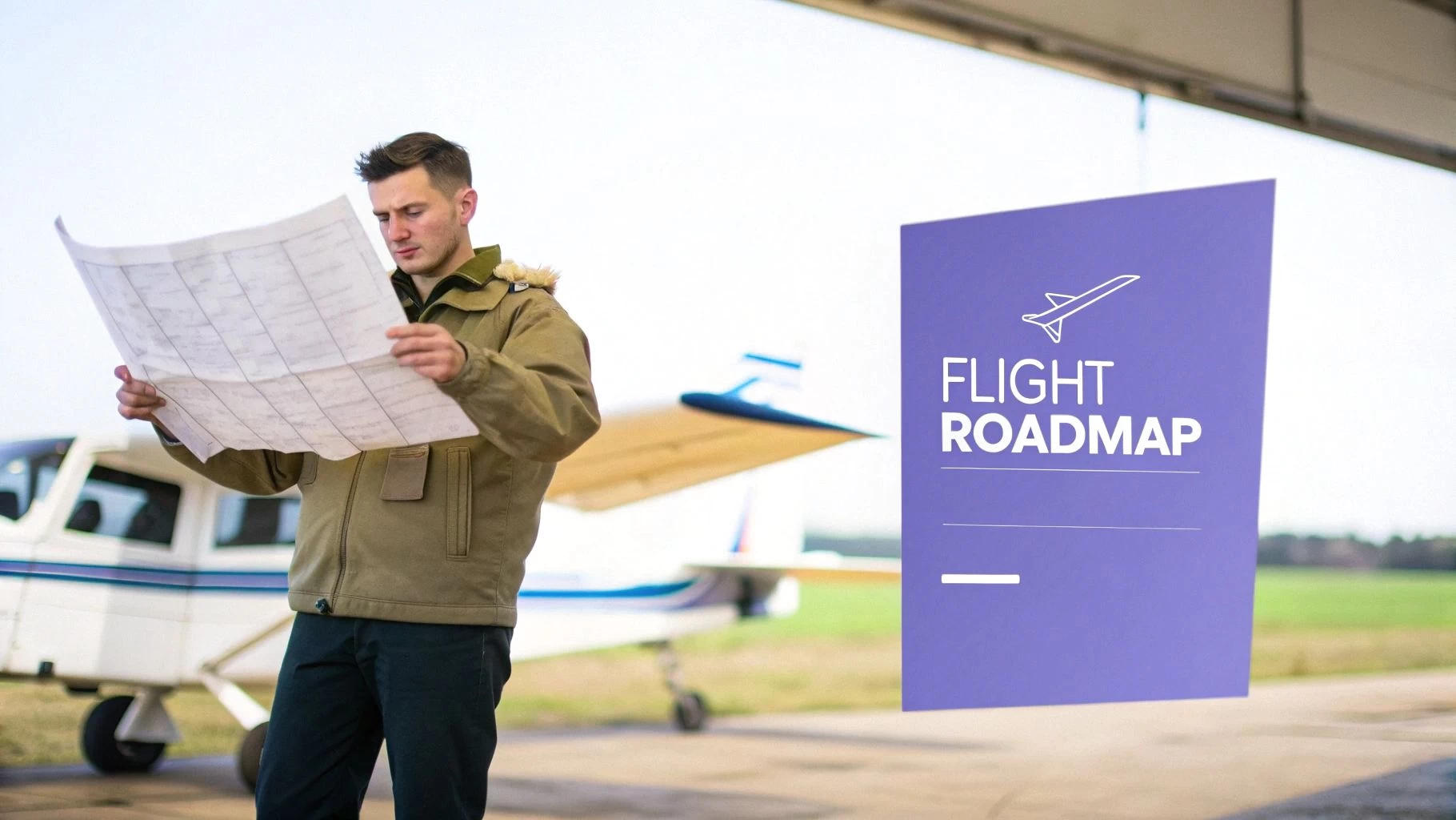A pilot reviews a flight plan on an airfield, next to a small airplane and a "Flight Roadmap" sign.