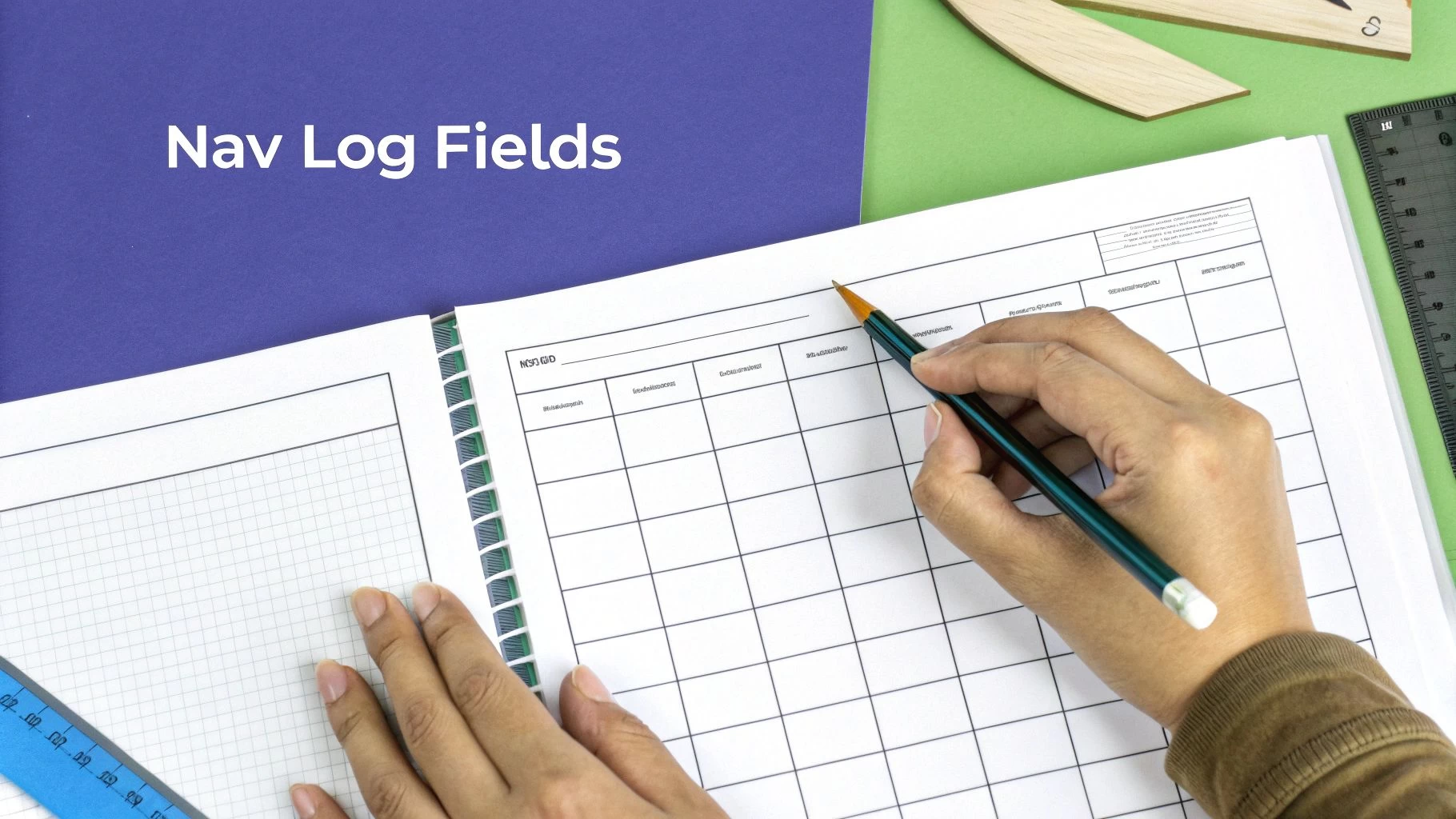 A person's hands writing in a navigation logbook with a pencil, showing 'Nav Log Fields' header.