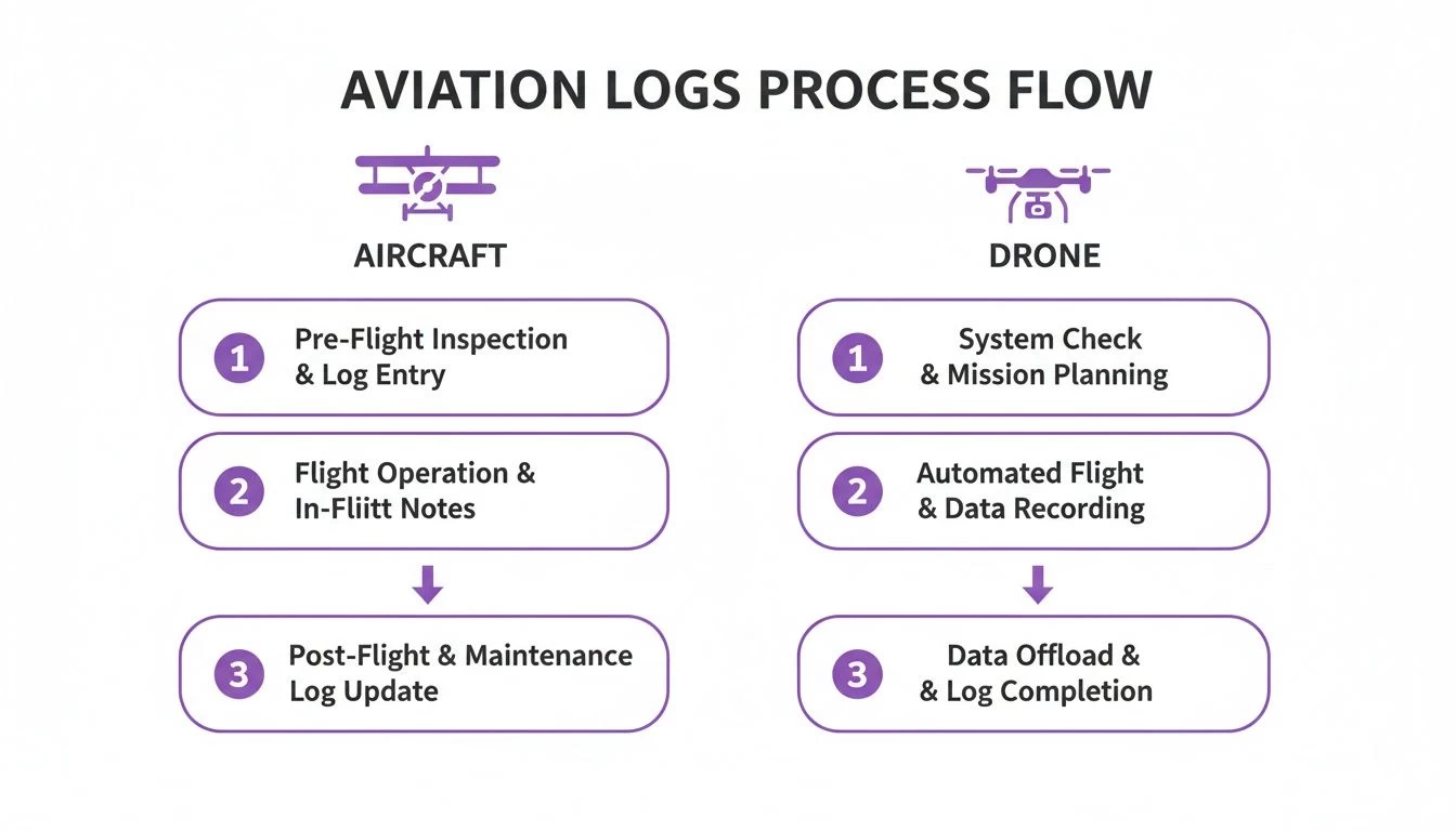 A detailed aviation logs process flow diagram outlining steps for both aircraft and drone operations.