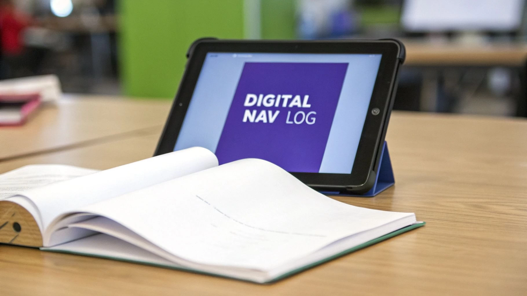 A tablet displaying 'DIGITAL NAV LOG' sits on a wooden desk next to an open textbook.
