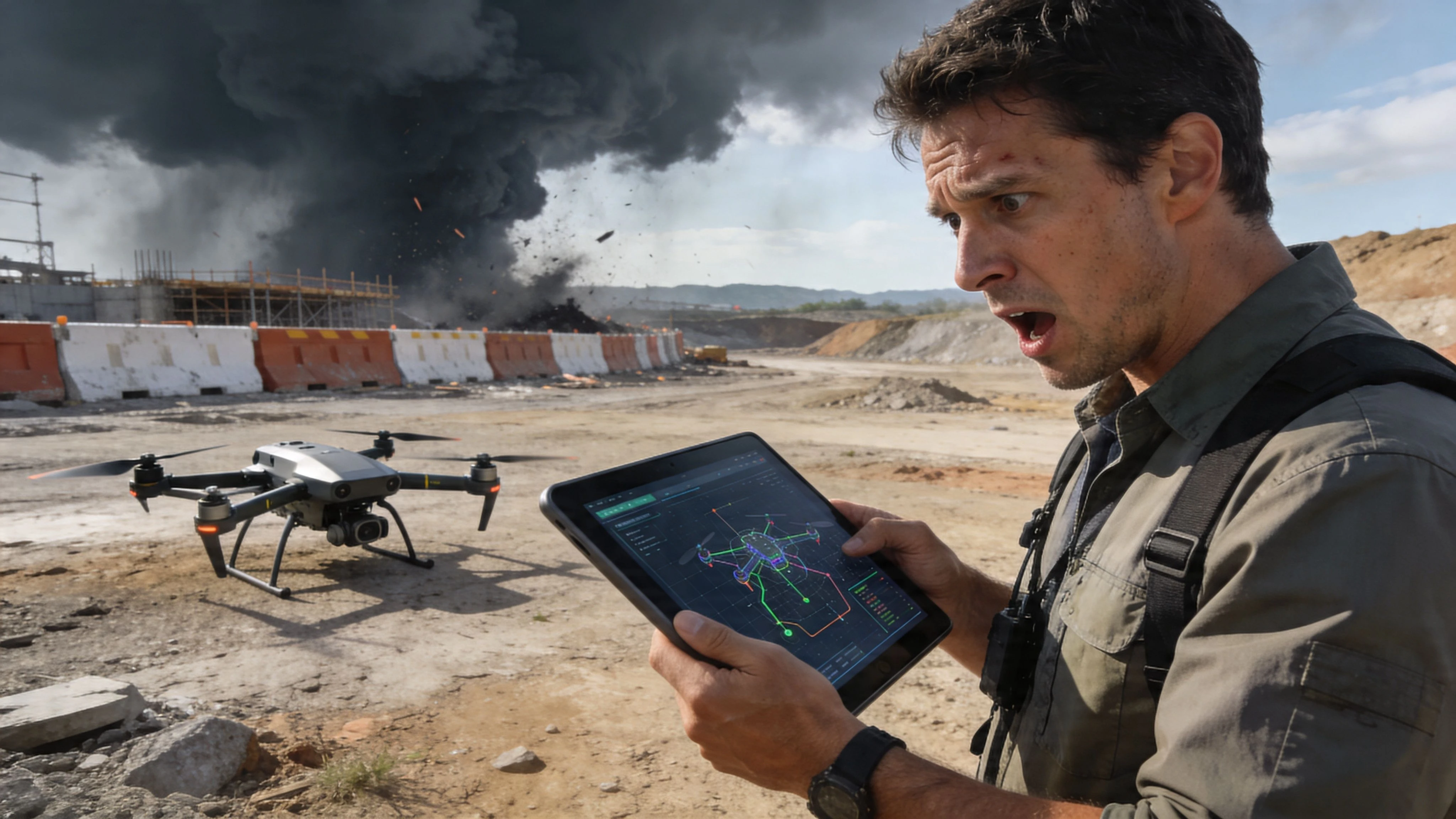 A man looking shocked at his tablet while a drone is parked in front of an explosion.
