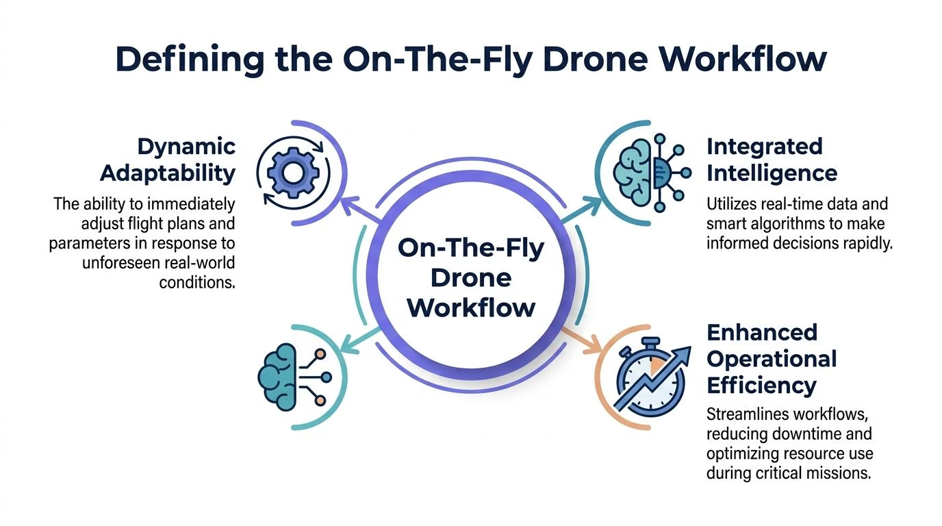 A diagram defining the on-the-fly drone workflow, highlighting dynamic adaptability, integrated intelligence, and enhanced operational efficiency.