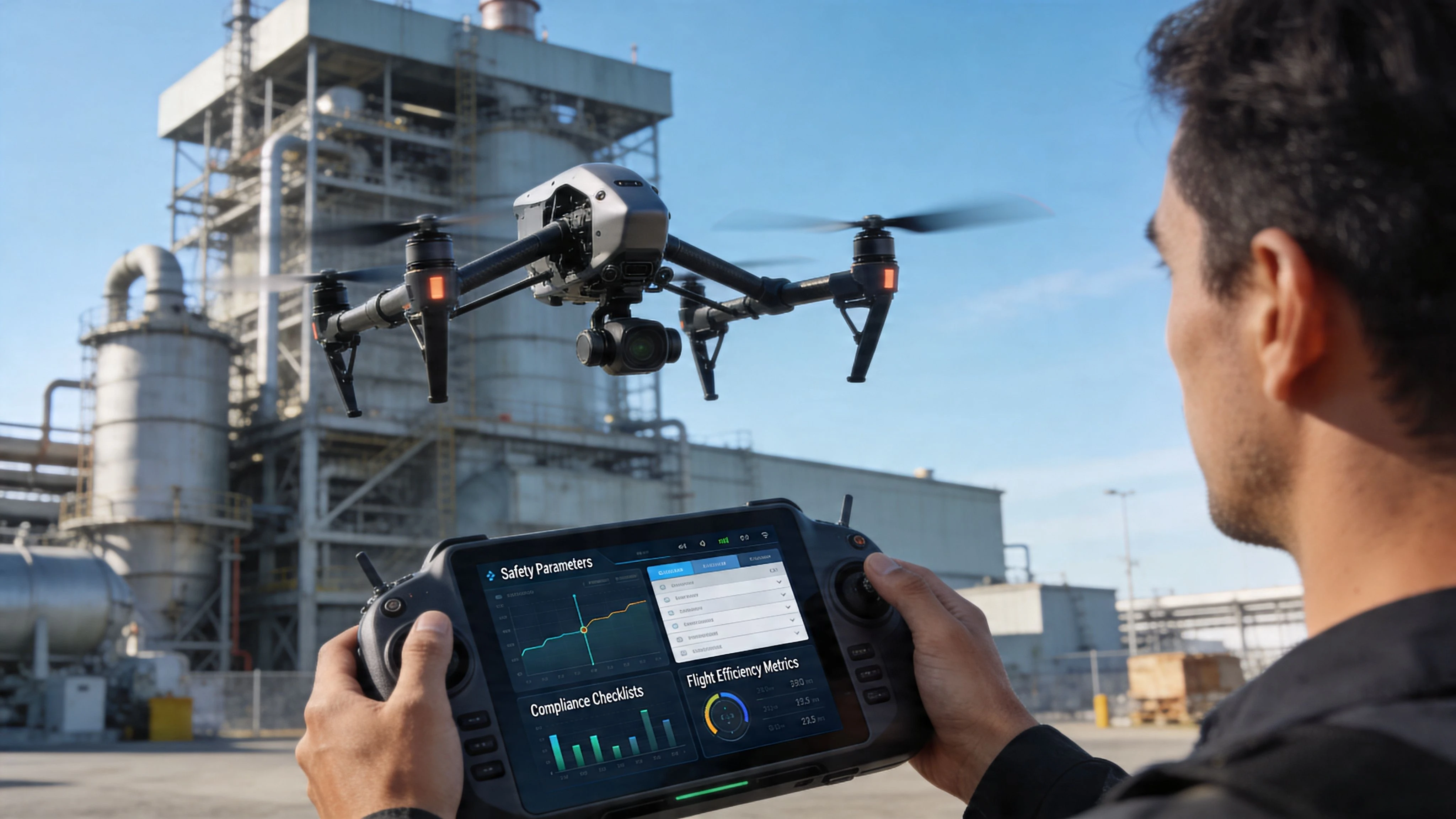 A professional operator using a remote controller with an on-the-fly app to pilot a drone at an industrial site.