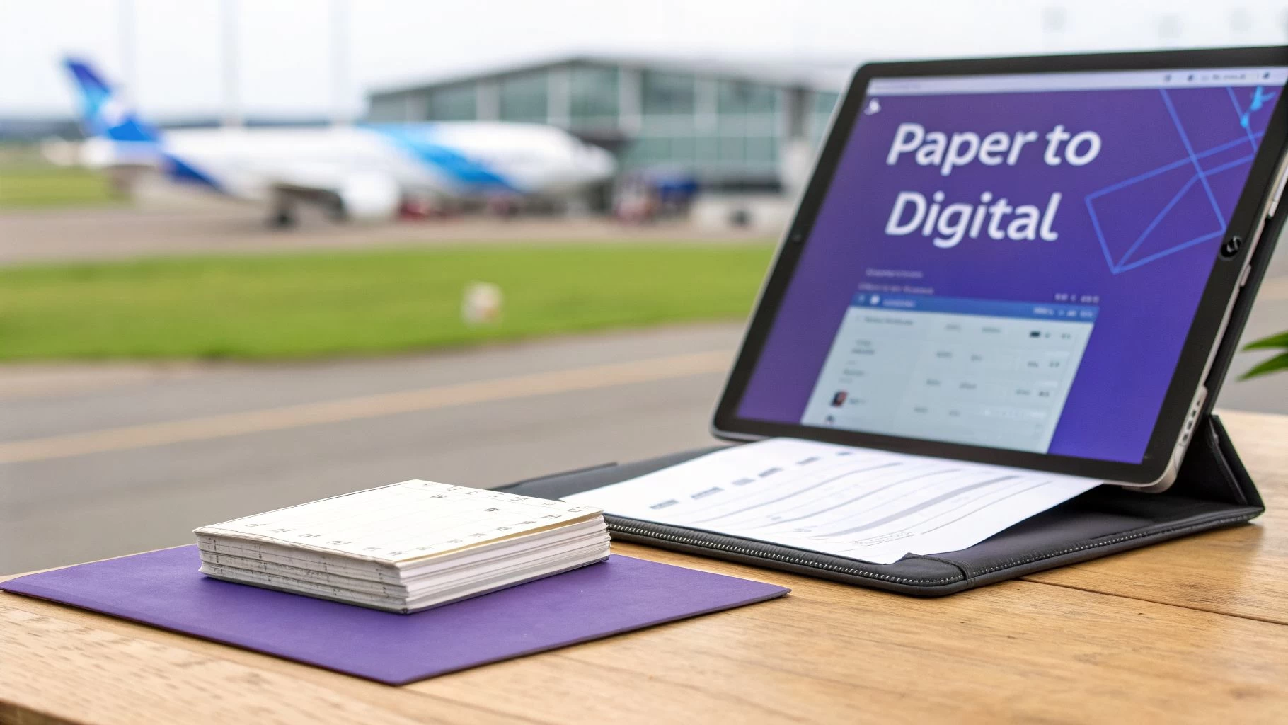 Tablet displaying "Paper to Digital" next to a paper logbook at an airport, symbolizing digital transformation.