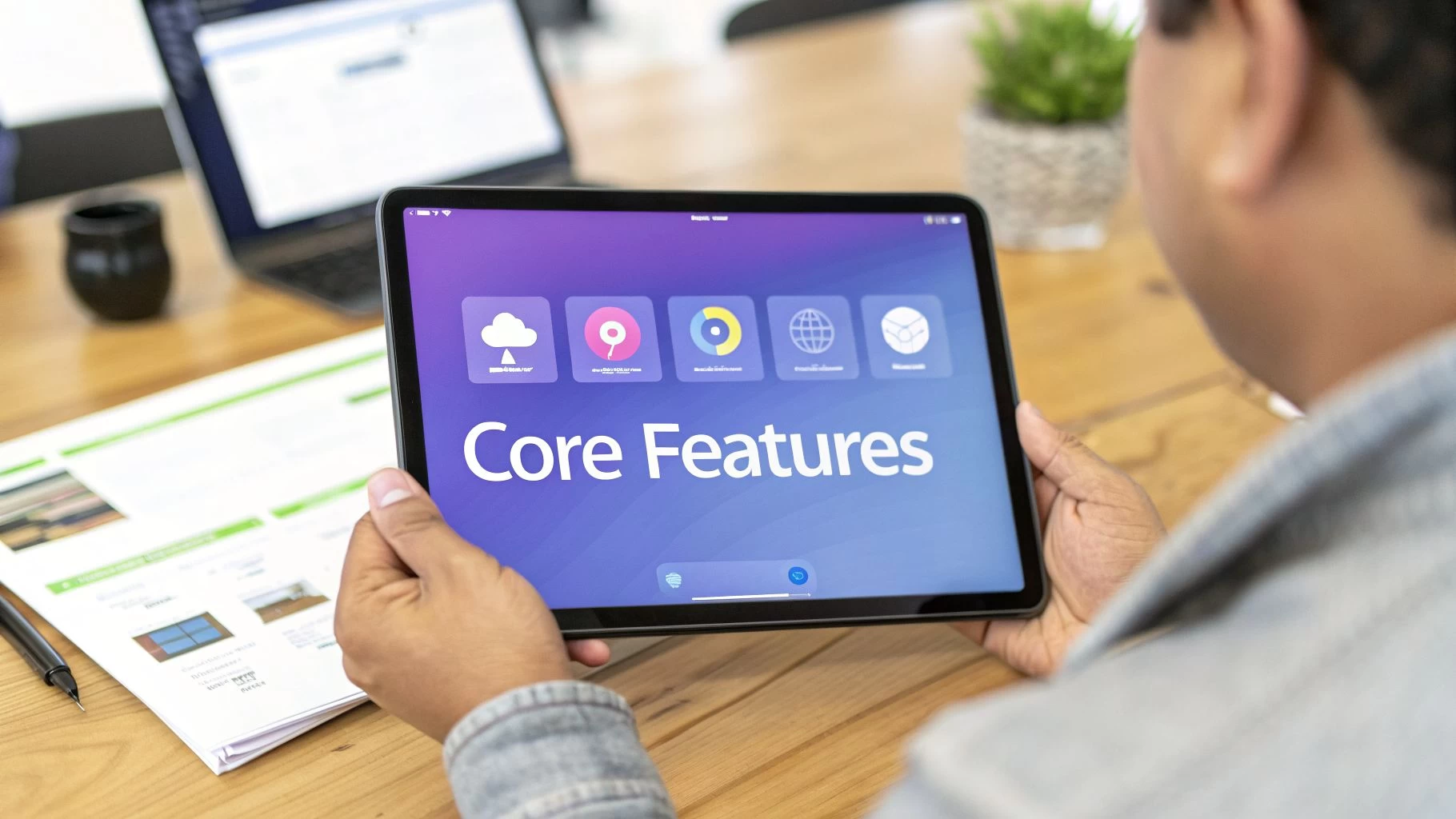 Person holds a tablet displaying 'Core Features' with icons for cloud, location, and global services.
