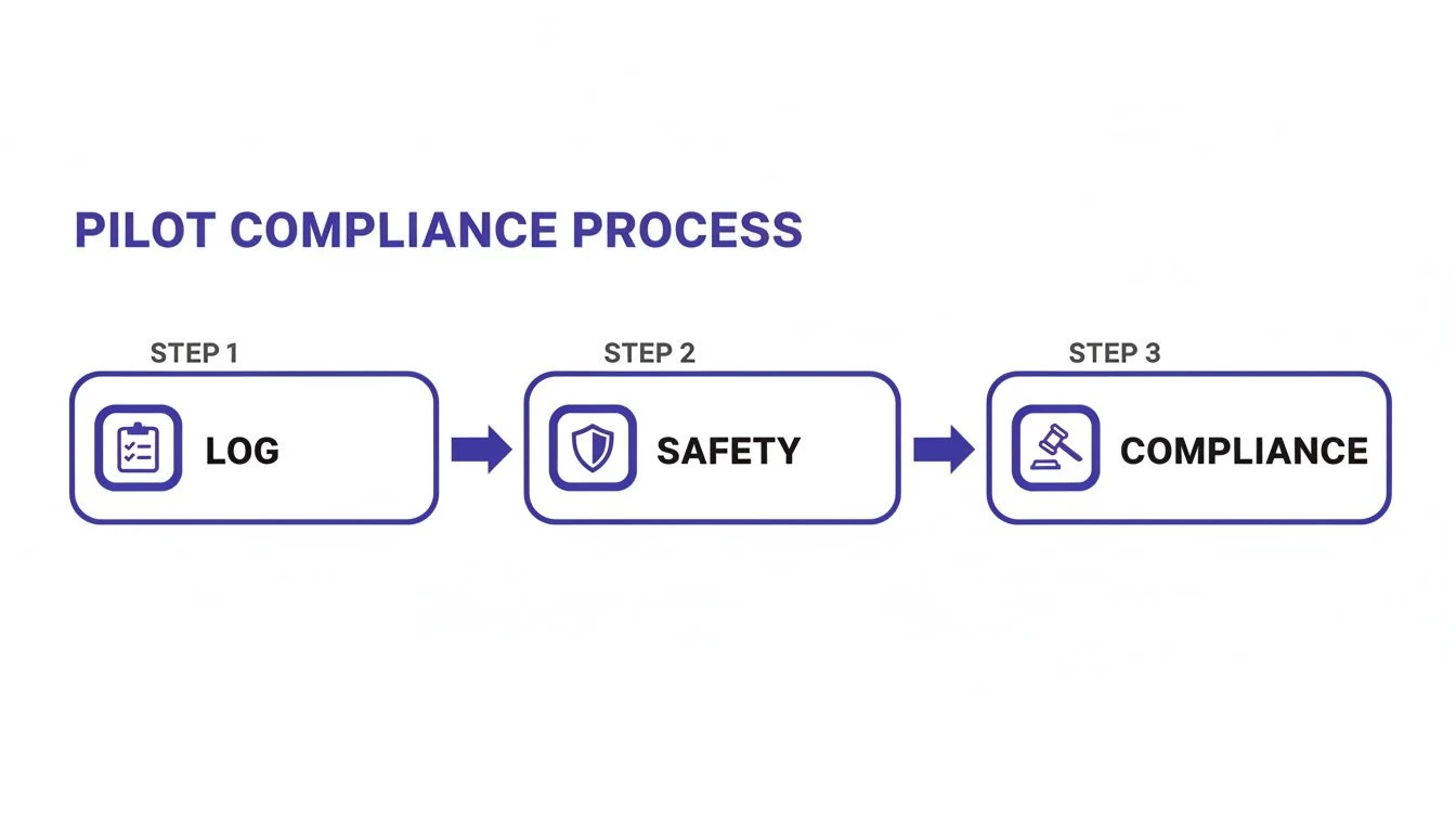 A diagram illustrating the Pilot Compliance Process with three steps: Log, Safety, and Compliance, shown with icons.