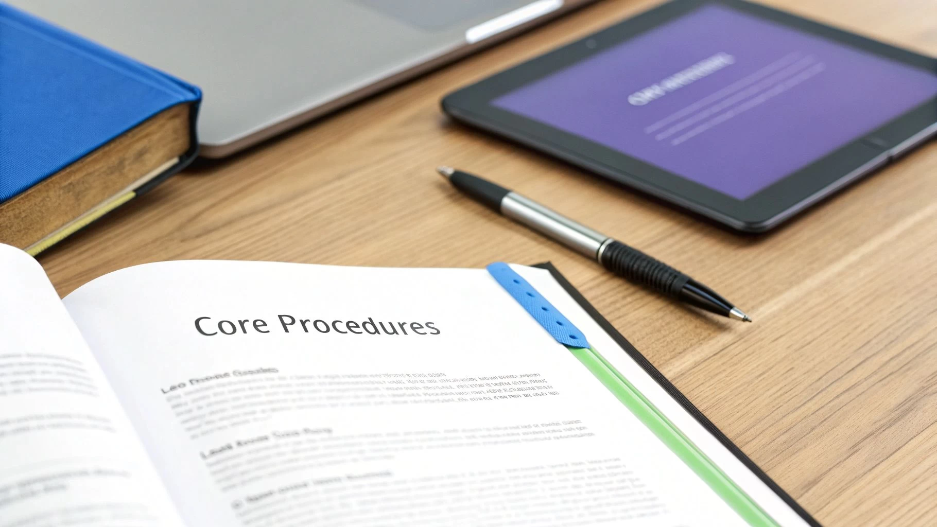 An open book titled 'Core Procedures' on a wooden desk with a pen, laptop, and tablet.
