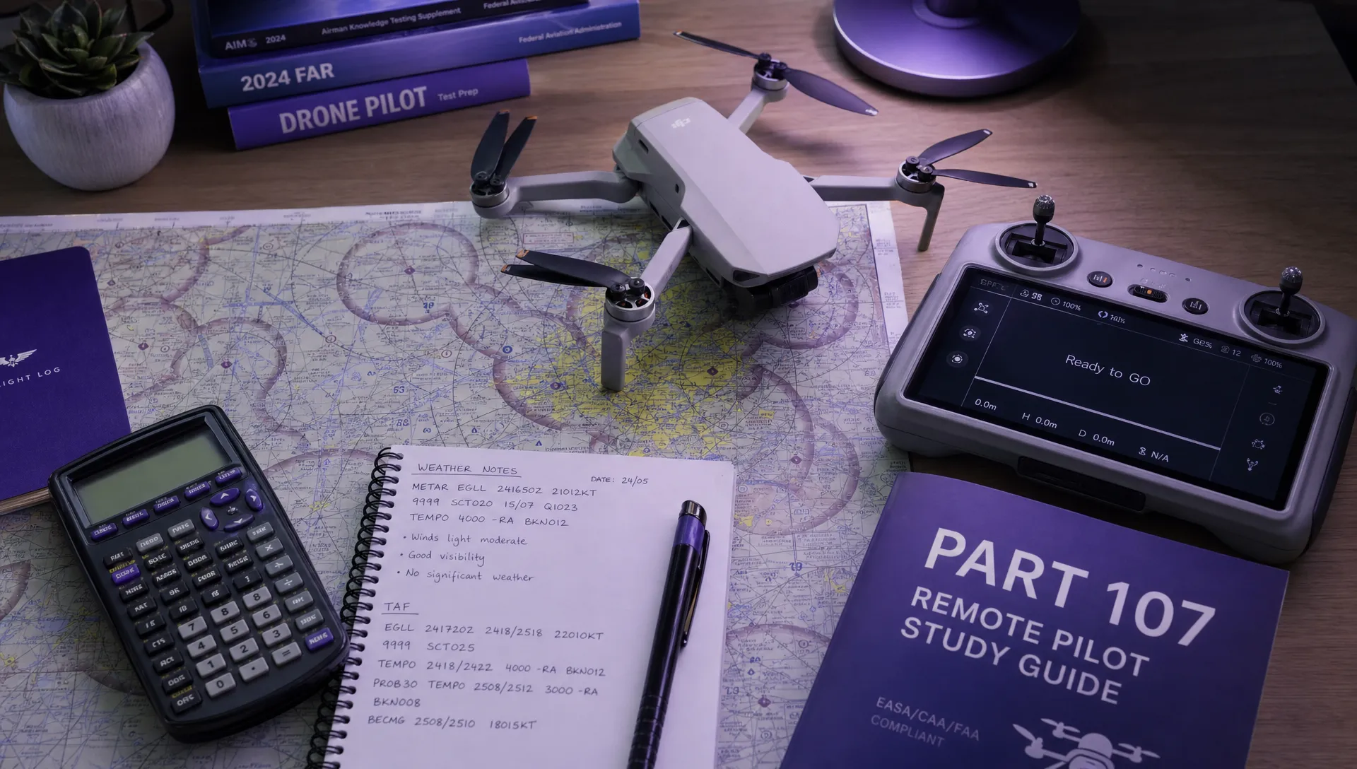A drone pilot study desk with an aeronautical chart, handwritten weather notes, a calculator, a small drone and a remote controller arranged for Part 107 exam preparation, viewed from above on a tidy desk with the chart spread out and the controller placed beside the notes.