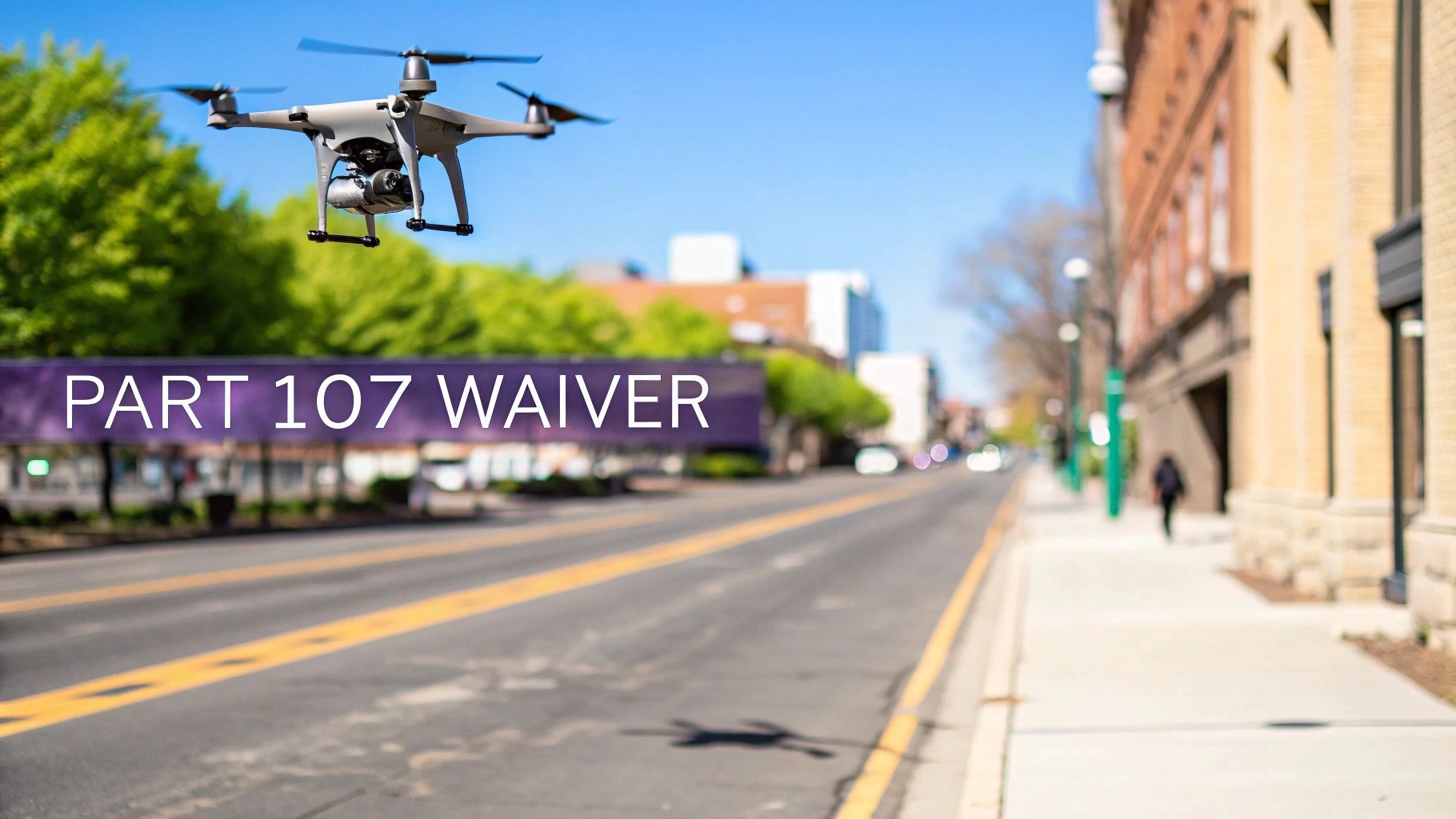 A drone flying over a city street on a sunny day with 'PART 107 WAIVER' text.