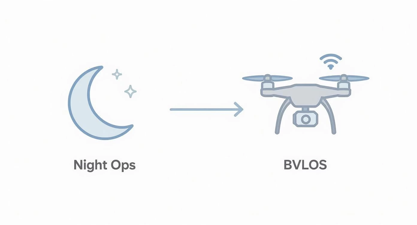 Illustration showing night operations (moon and stars) pointing to BVLOS drone flight (drone icon).