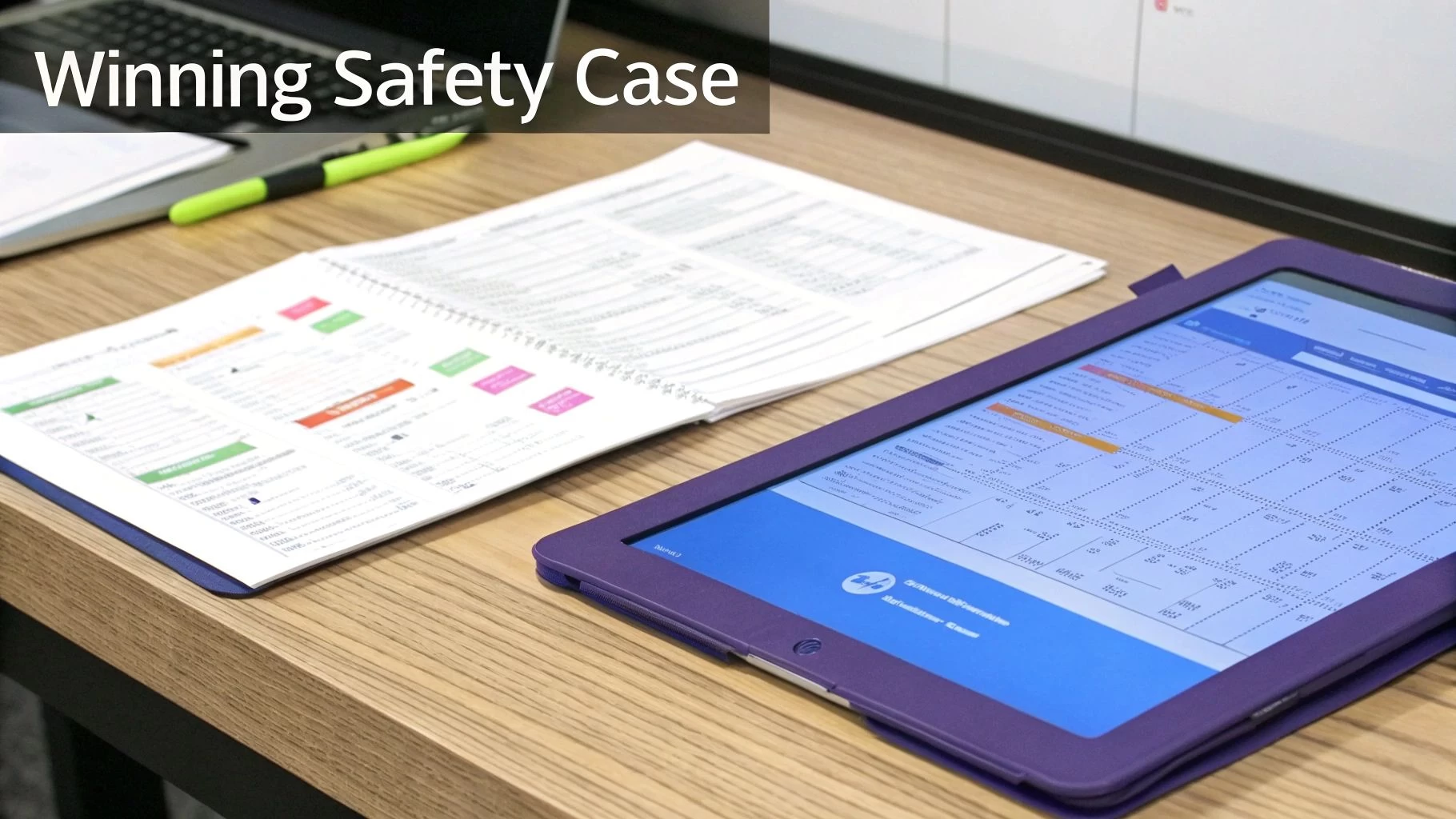 A wooden desk with an open notebook, a purple tablet displaying data, and a laptop in the background, representing a winning safety case.