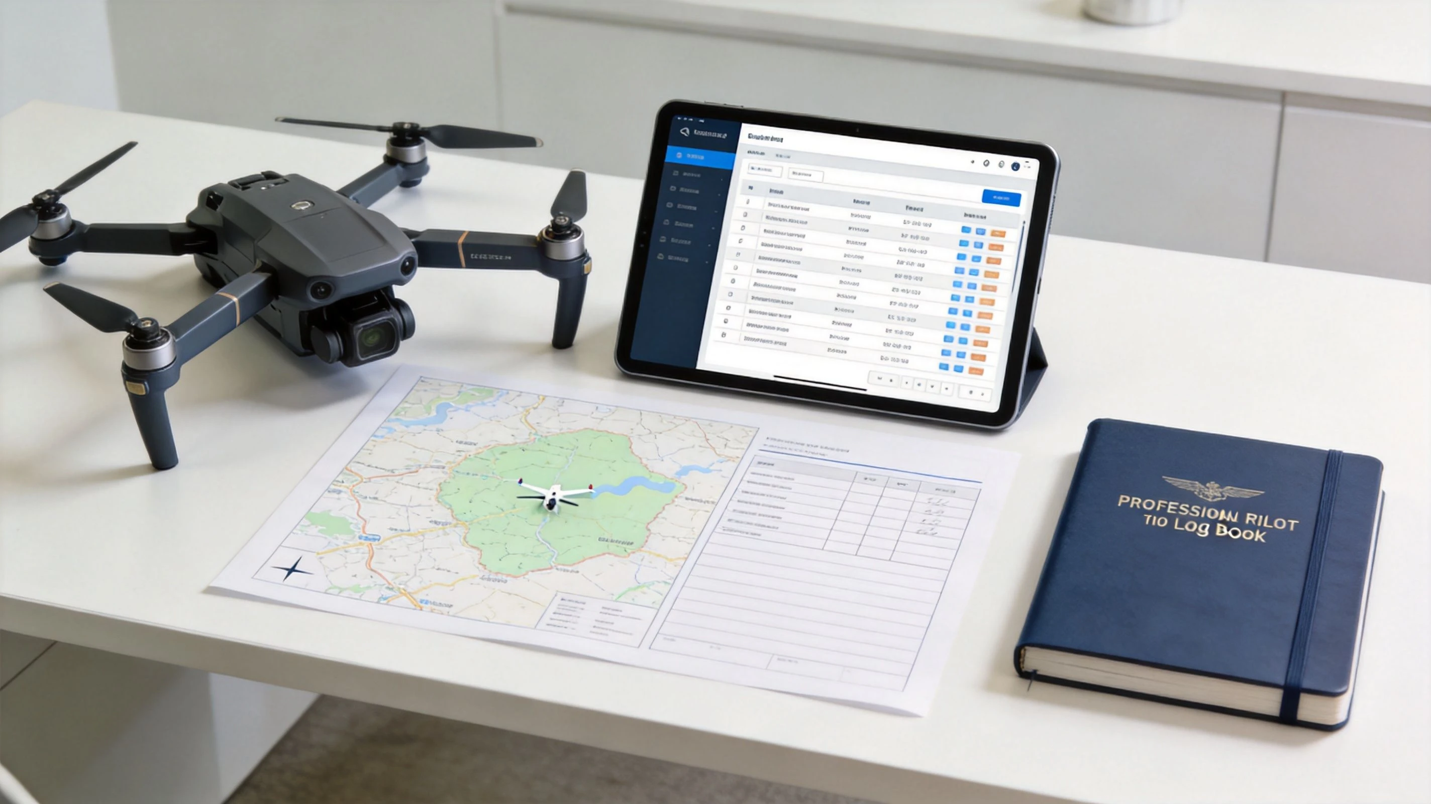 A drone, a tablet showing flight data, a map, and a logbook on a white table.