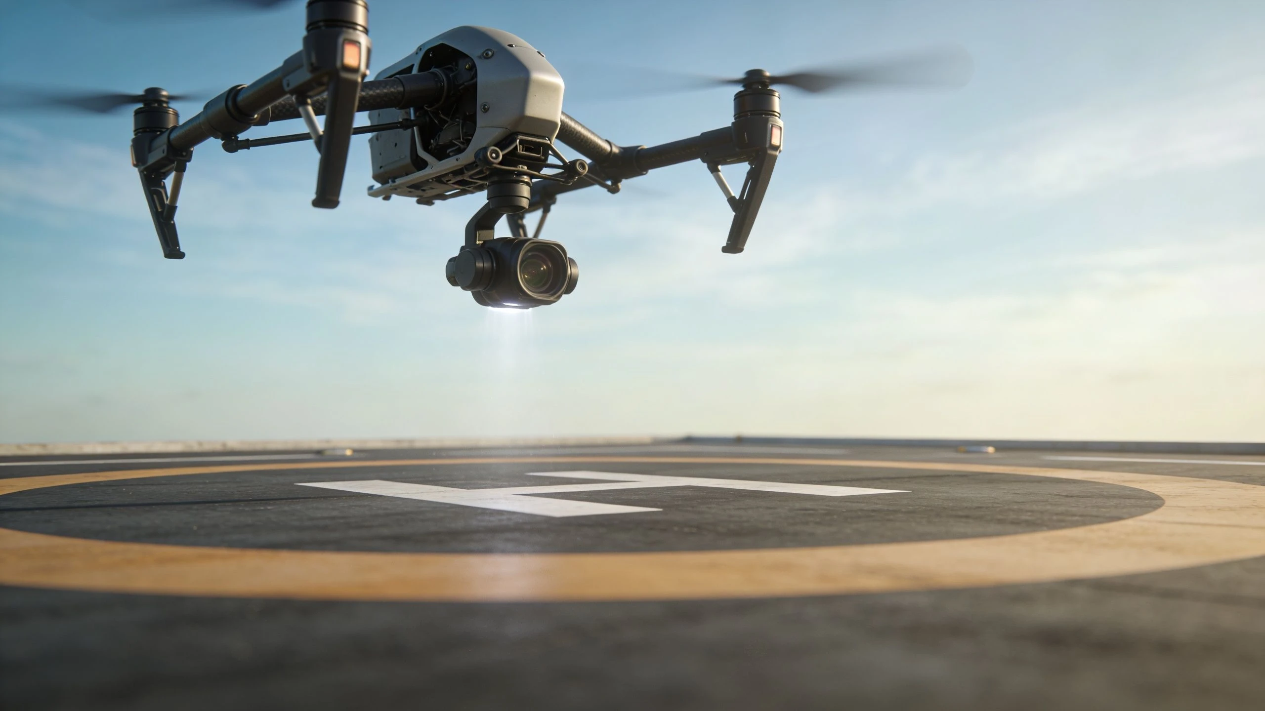 A professional industrial drone hovering above a marked helipad landing area under a clear blue sky.