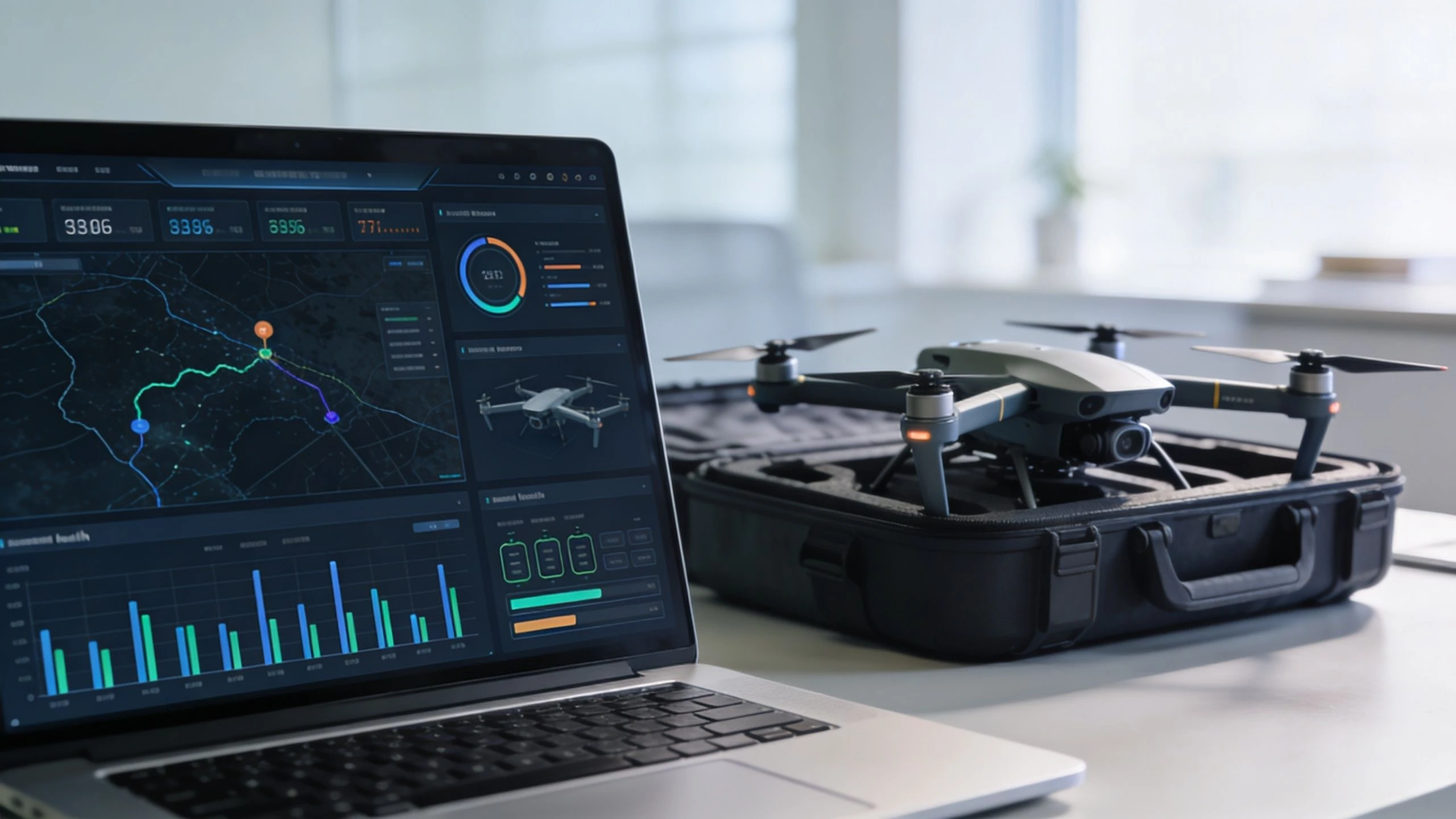 A modern drone sits in its carrying case next to a laptop displaying flight control data.