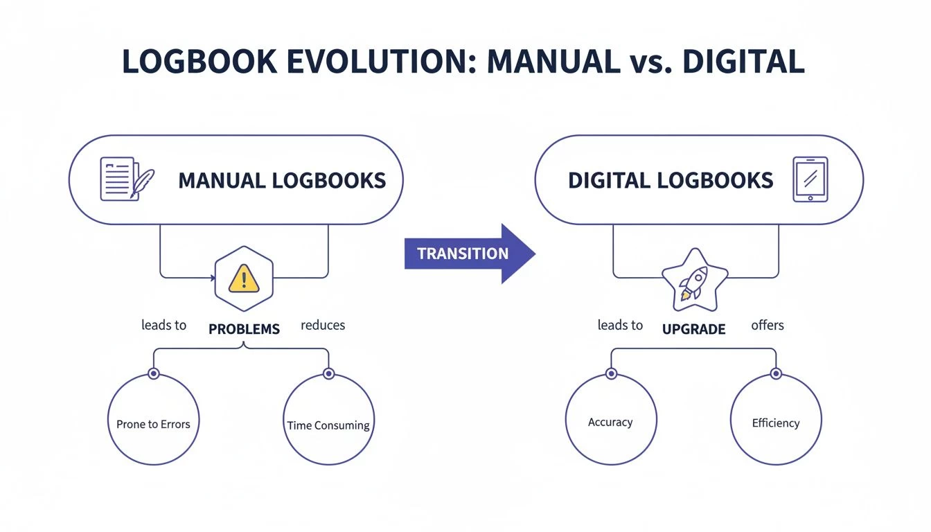 Infographic comparing manual logbooks (prone to errors, time-consuming) with digital logbooks (accuracy, efficiency).