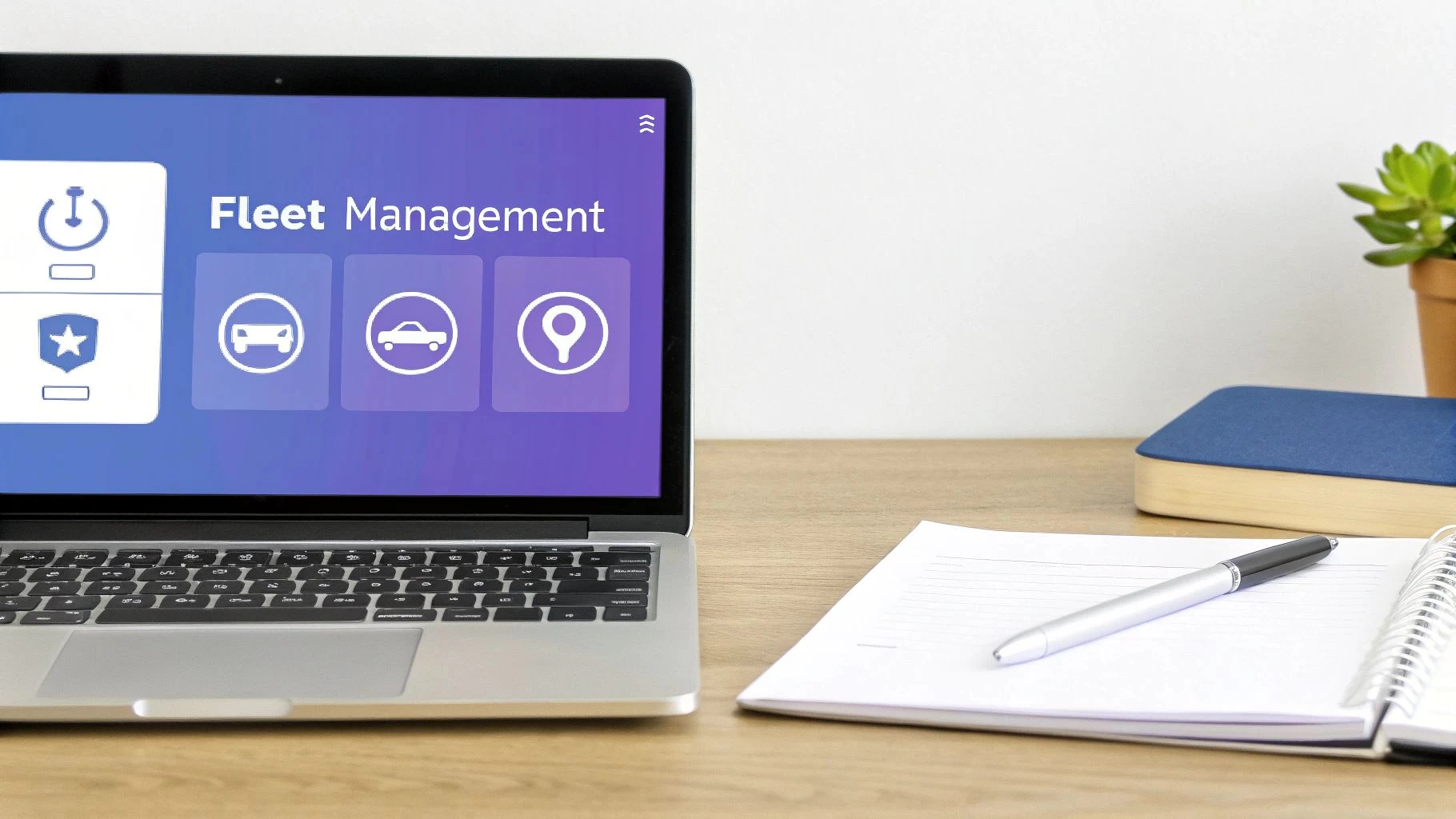 A laptop on a wooden desk displays 'Fleet Management' software, with a notebook and pen nearby.