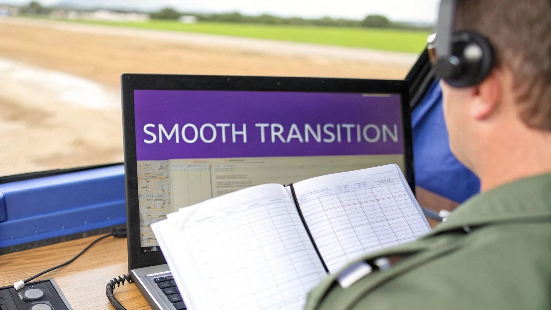 Pilot in headphones reviewing a digital logbook and screen displaying 'Smooth Transition'.