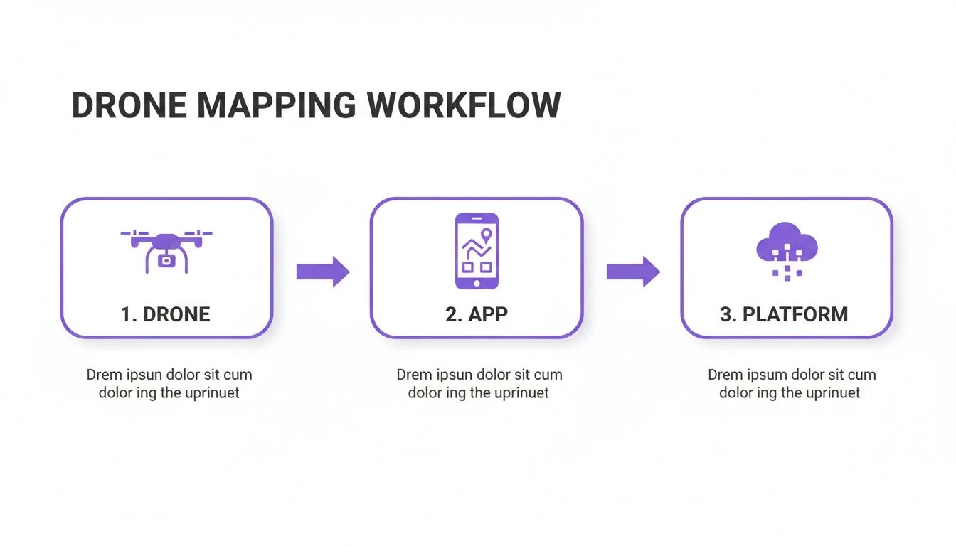 Drone mapping workflow diagram showing steps: drone, app, and platform with corresponding icons.