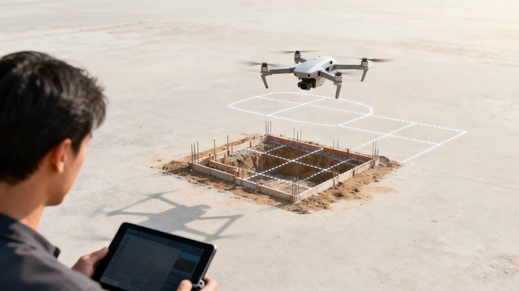 A person controls a drone mapping a building foundation with glowing grid lines, performing a construction survey.