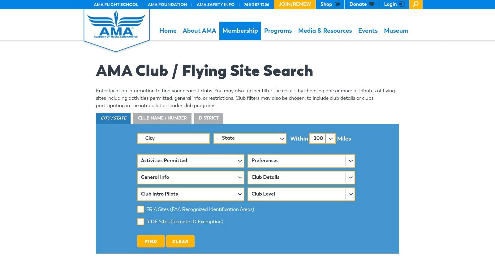 Academy of Model Aeronautics (AMA) Club Finder