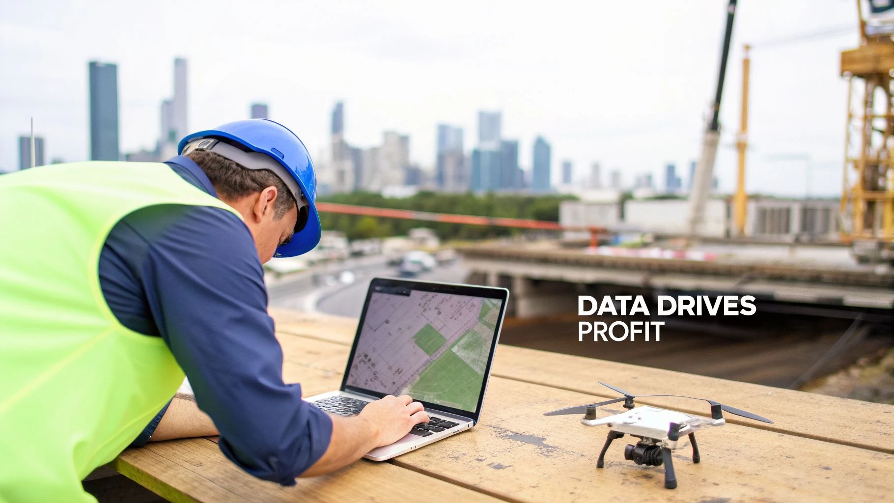 A construction worker uses a laptop with a drone nearby for data analysis on a building site.